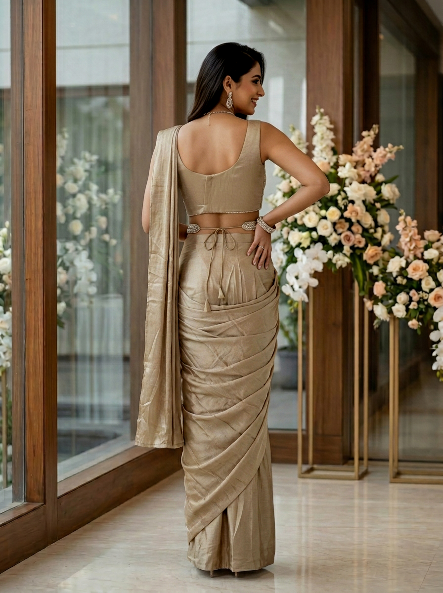 Jimmy Choo Champagne Gold Ready-to-Wear Designer Saree with Heavy Embroidered Blouse