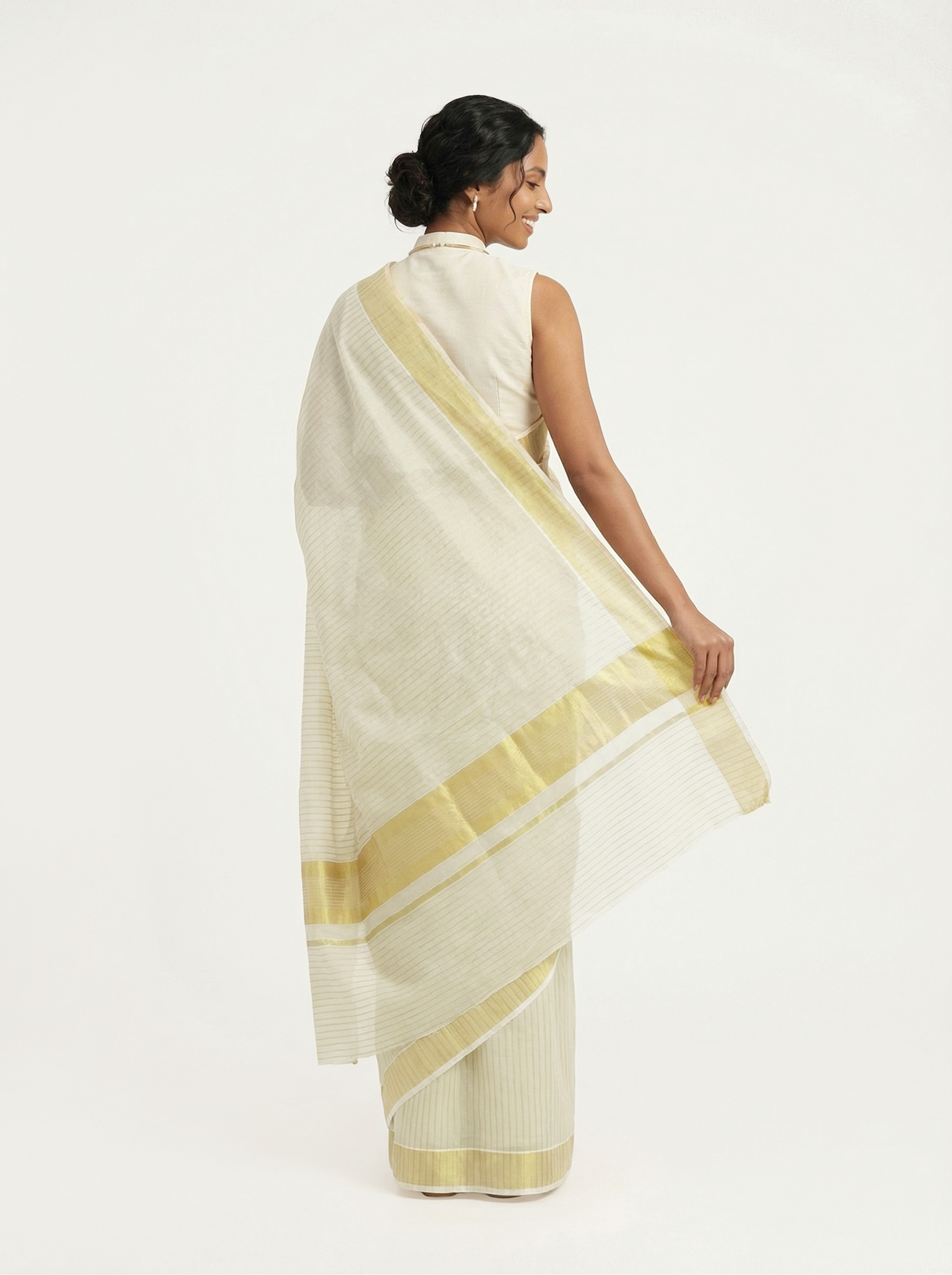 Cotton Handloom Cream Saree with All-Over Woven Vertical Stripe Pattern & Gold Zari Border