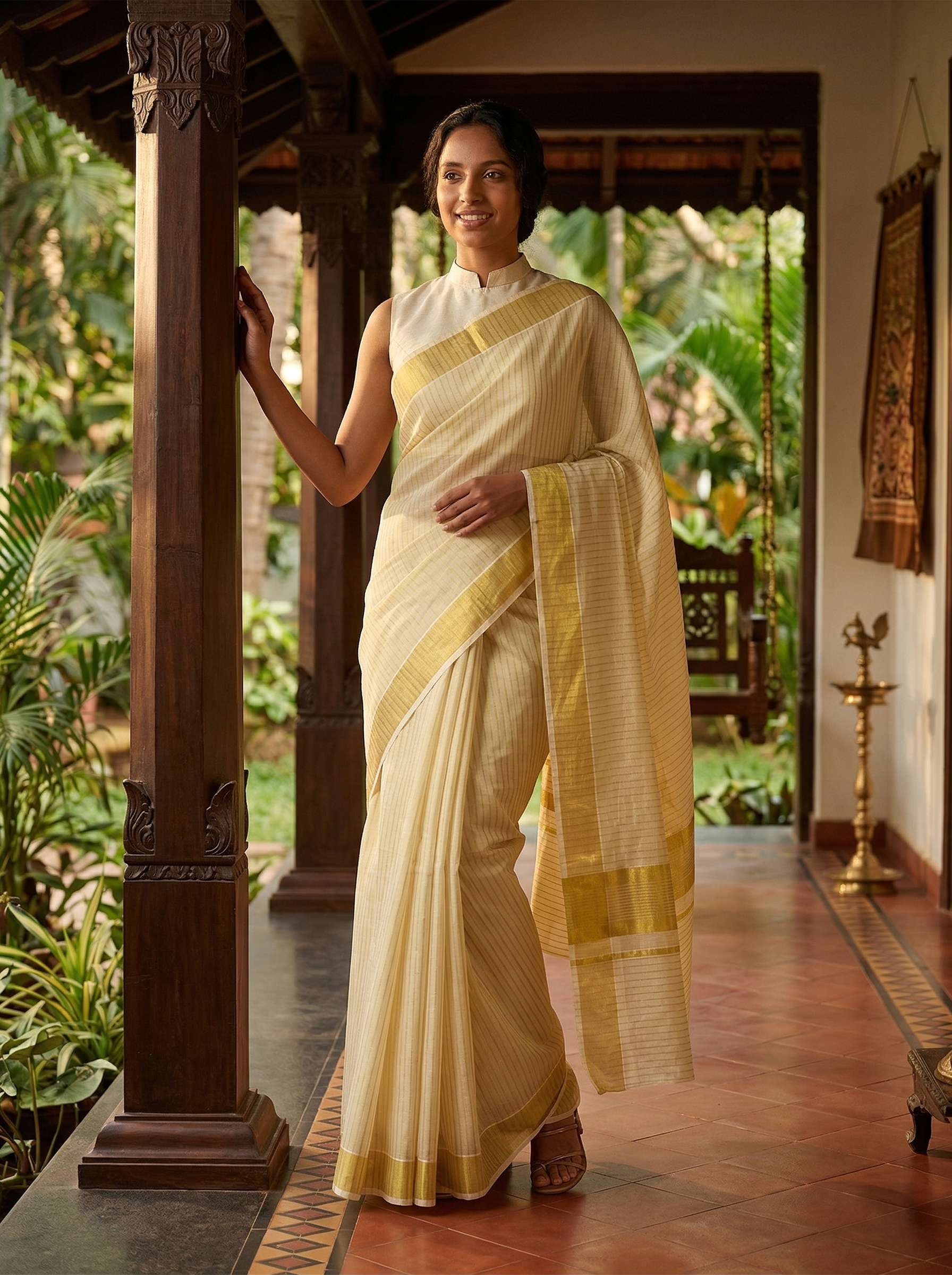 Woman in a traditional saree standing in a well-lit room with plants in the background