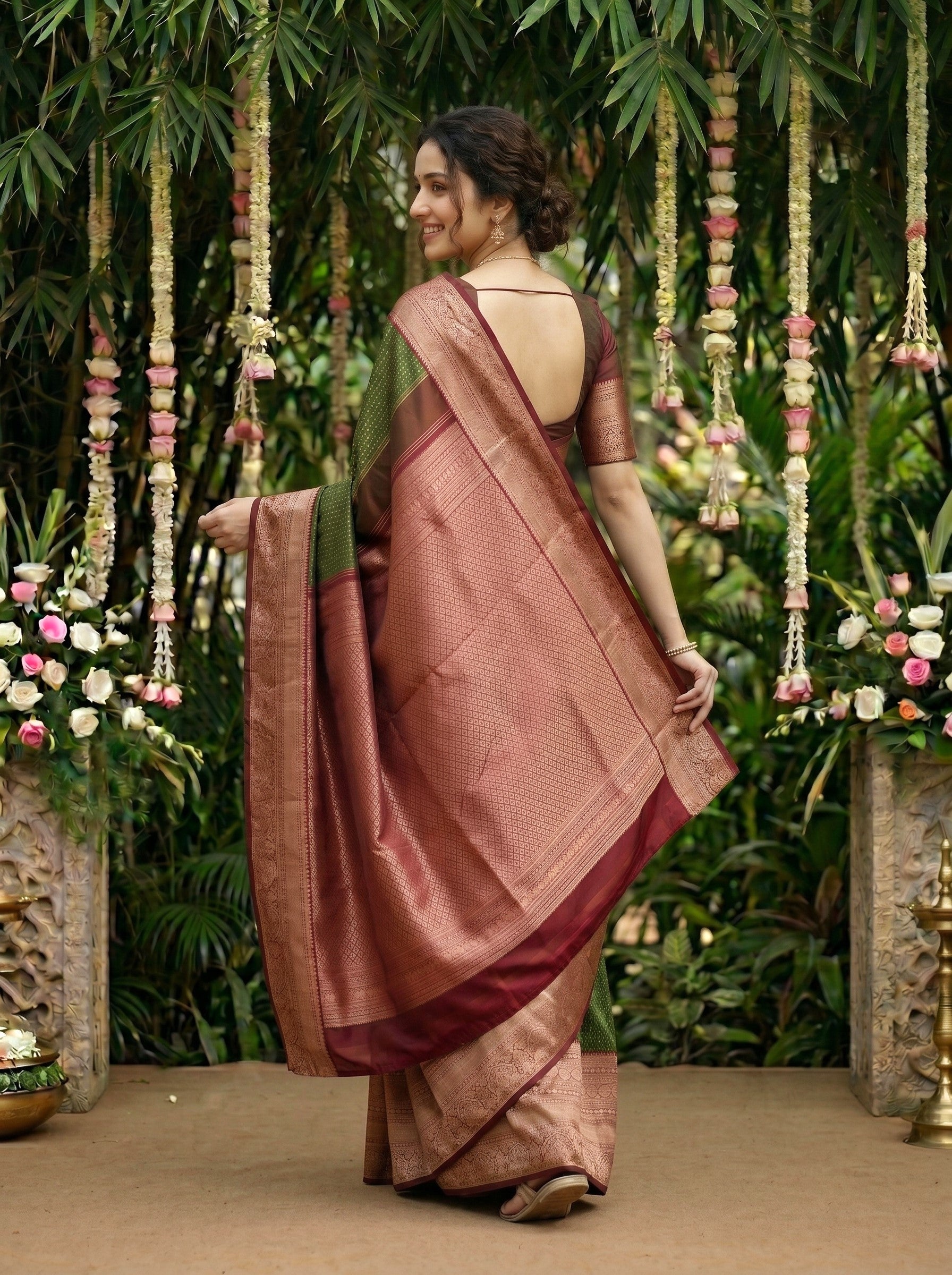 Kanjivaram Silk Olive Green Saree with Intricate Butta Weaving