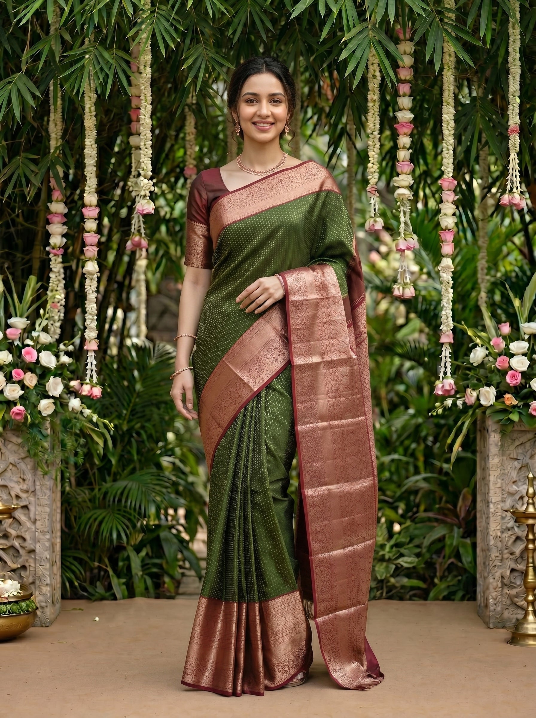 Kanjivaram Silk Olive Green Saree with Intricate Butta Weaving