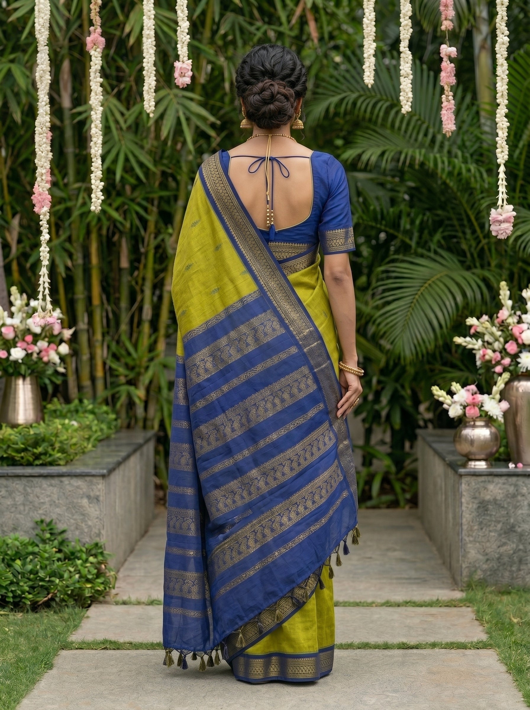 Kalyani Cotton Lime Green Butta Pattern Saree with Royal Blue Woven Border