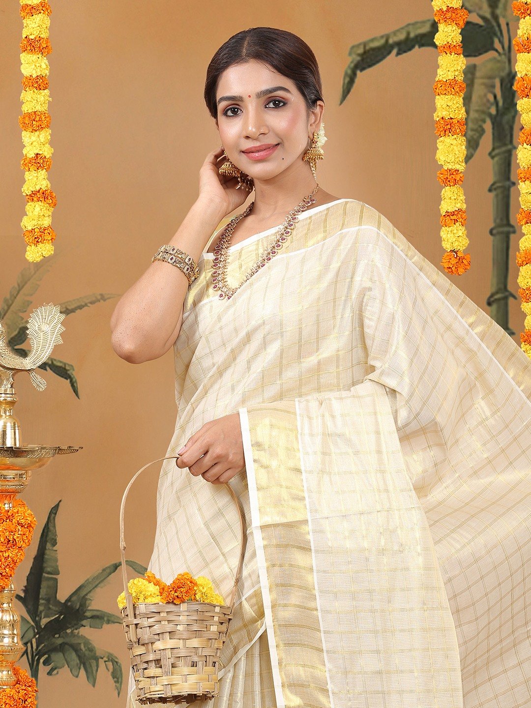 Kalyan Silks Golden Tissue Set Saree with Medium Off White Shaded Checks and Striped Pallu Detail