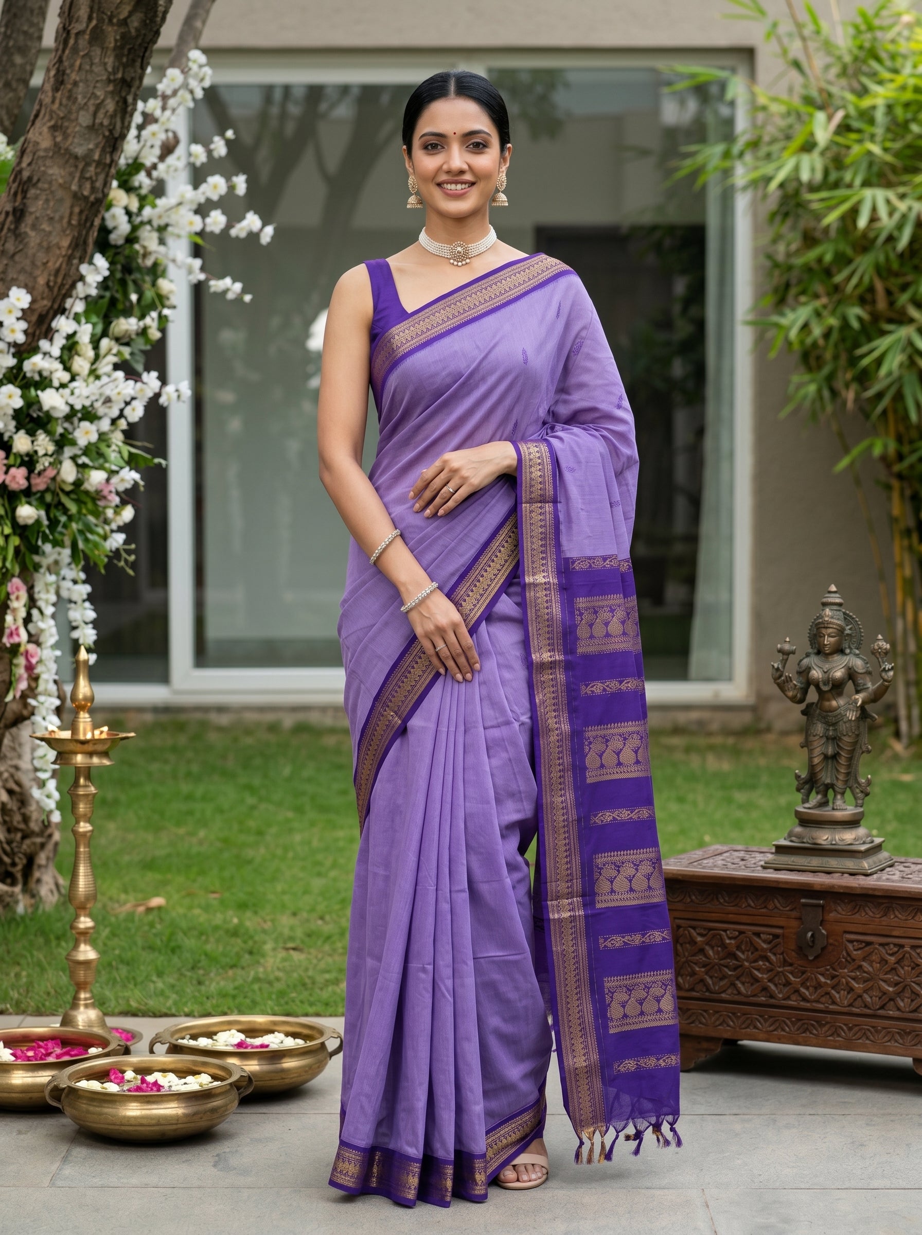 Kalyani Cotton Lavender Purple Butta Pattern Saree with Royal Purple Woven Pallu