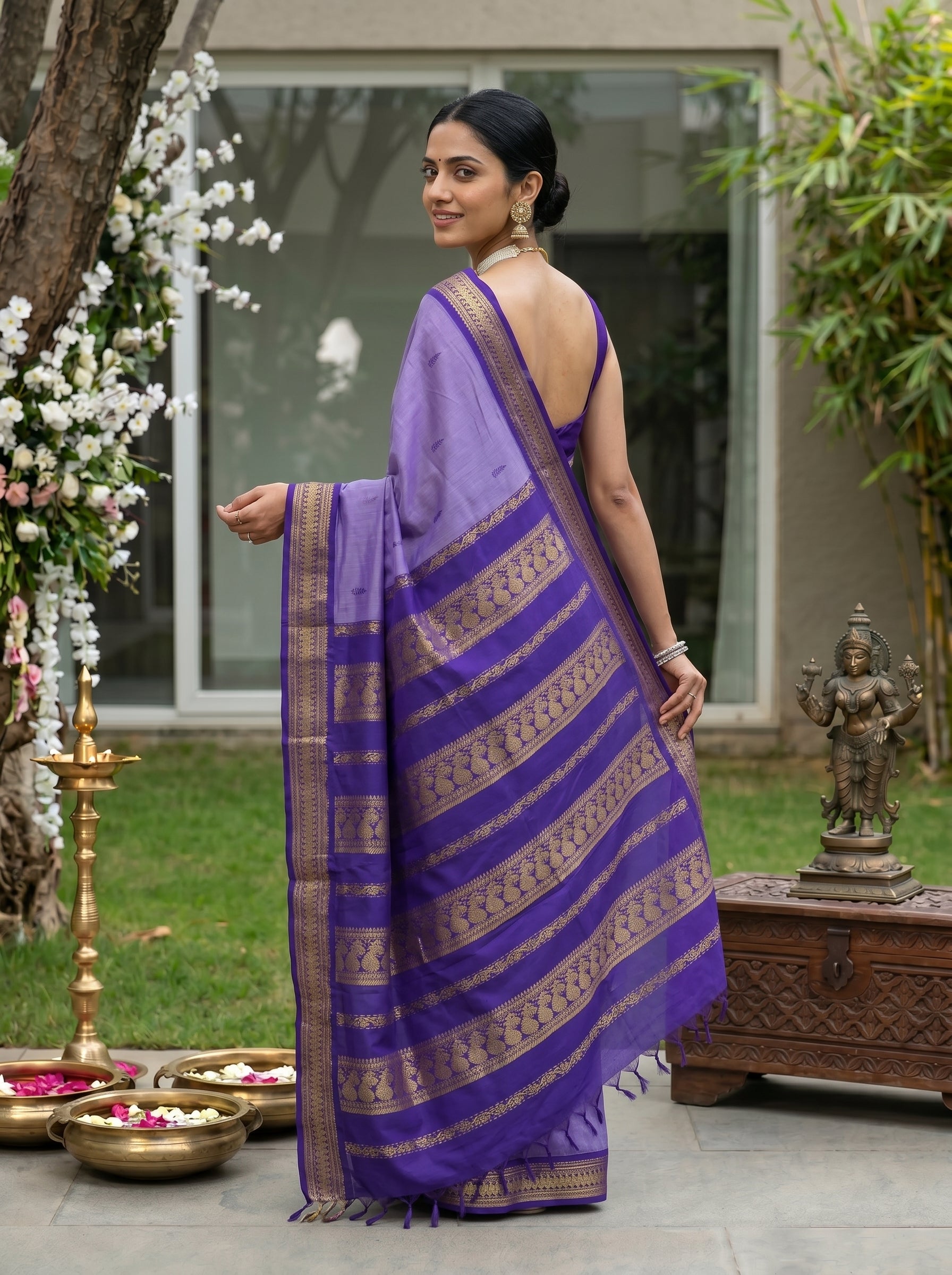 Kalyani Cotton Lavender Purple Butta Pattern Saree with Royal Purple Woven Pallu