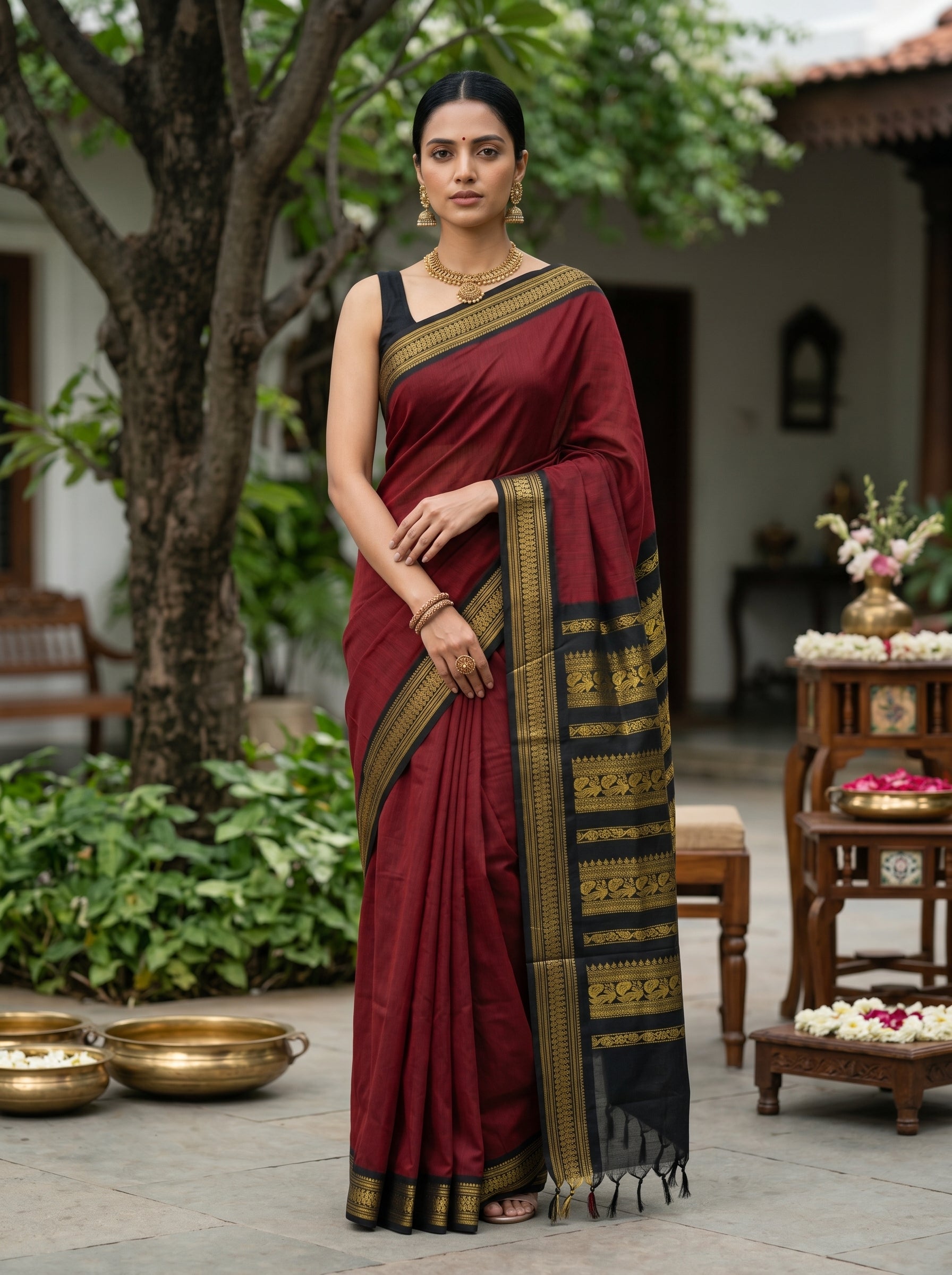 Kalyani Cotton Maroon Plain Weave Saree with Black Zari Woven Border