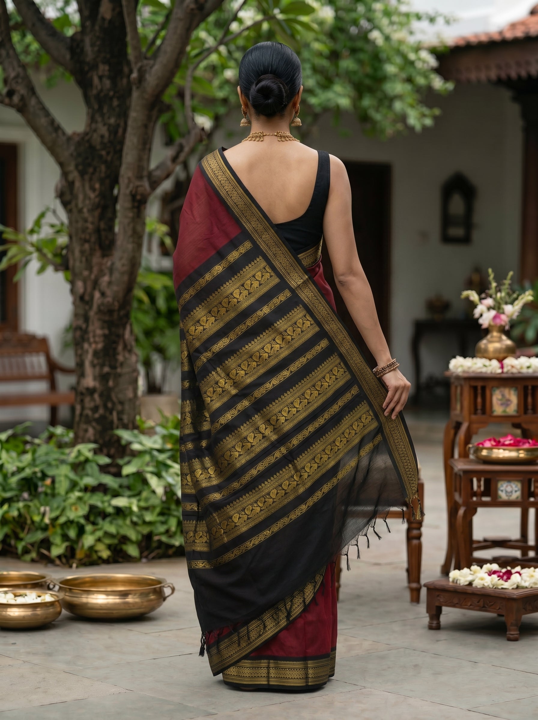 Kalyani Cotton Maroon Plain Weave Saree with Black Zari Woven Border