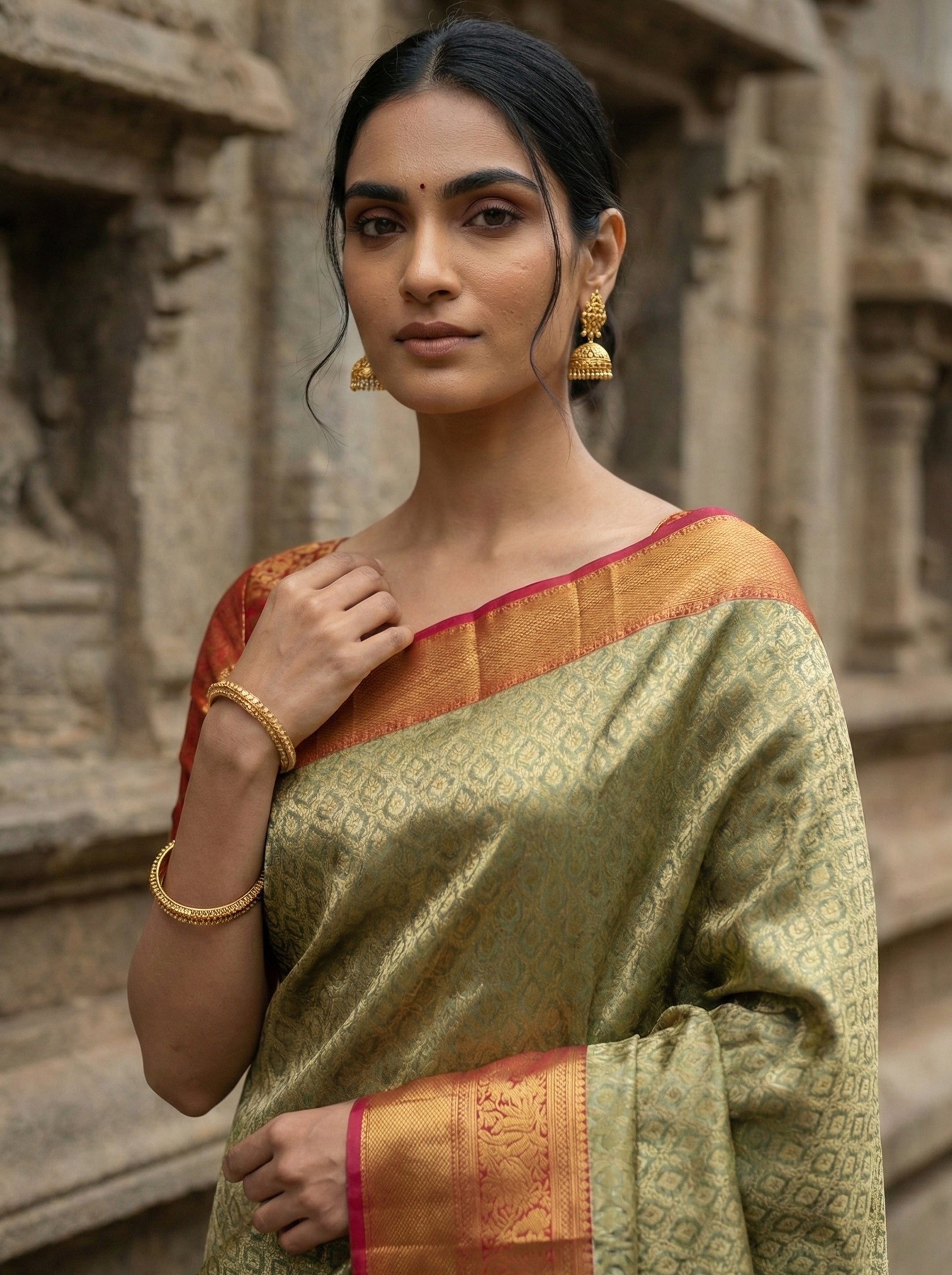 Olive Green & Crimson Red Pure Silk Brocade Saree