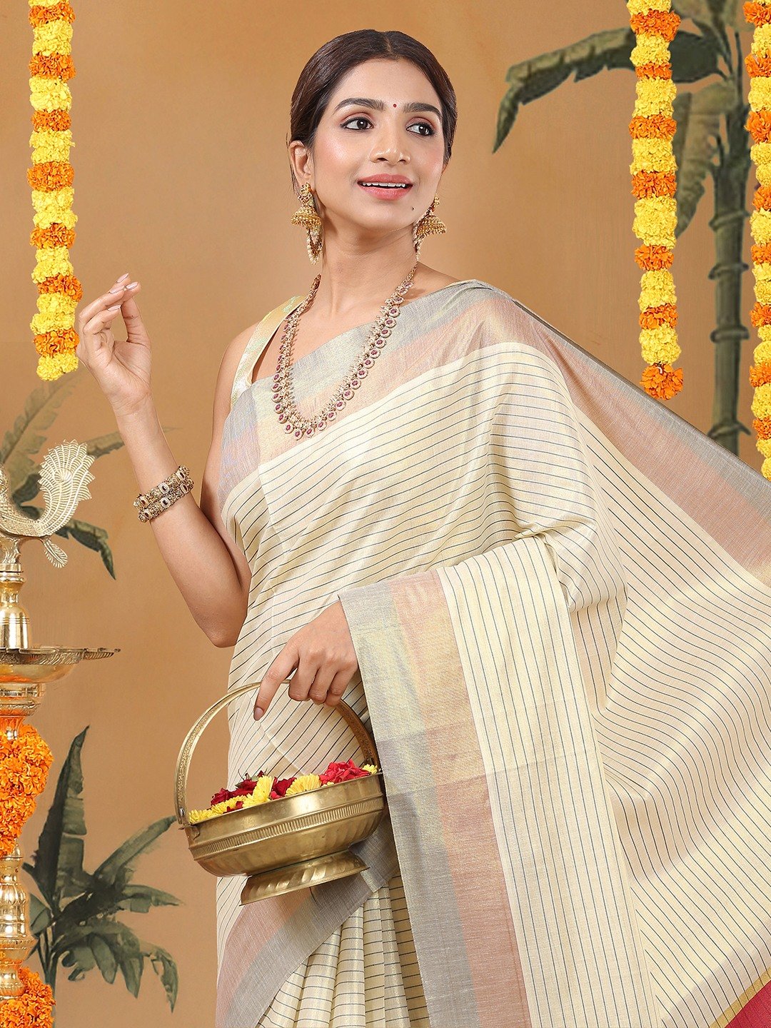 Golden Tissue Saree with Navy-Red Stripe Design & Tassels on Pallu