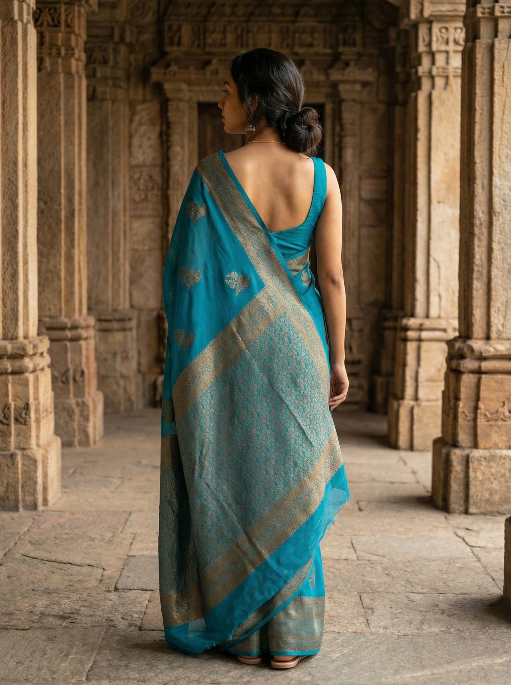 Georgette Banarasi  Teal Blue Antique Zari Motif Saree
