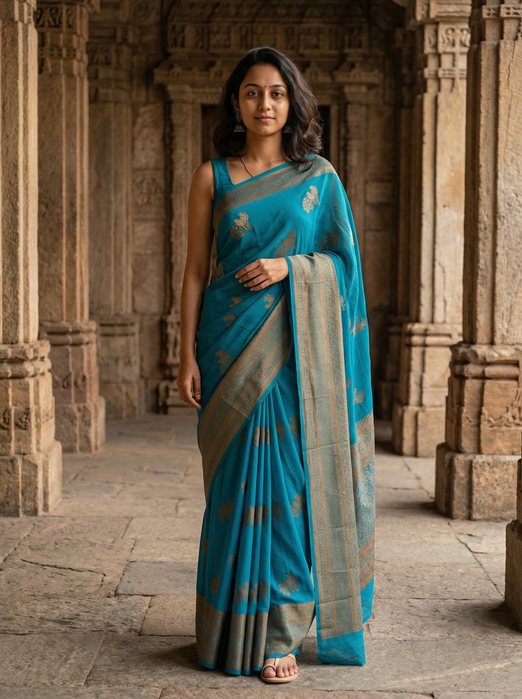 Georgette Banarasi  Teal Blue Antique Zari Motif Saree