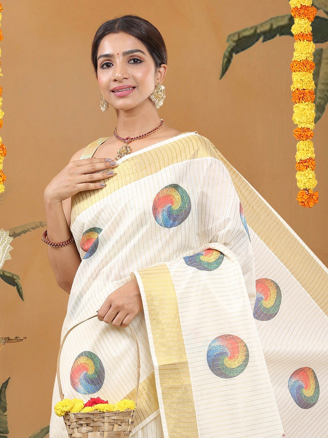 Cotton Off-White Kerala Set Saree with Golden Stripes and Multicolor Geometric Circle Buttas