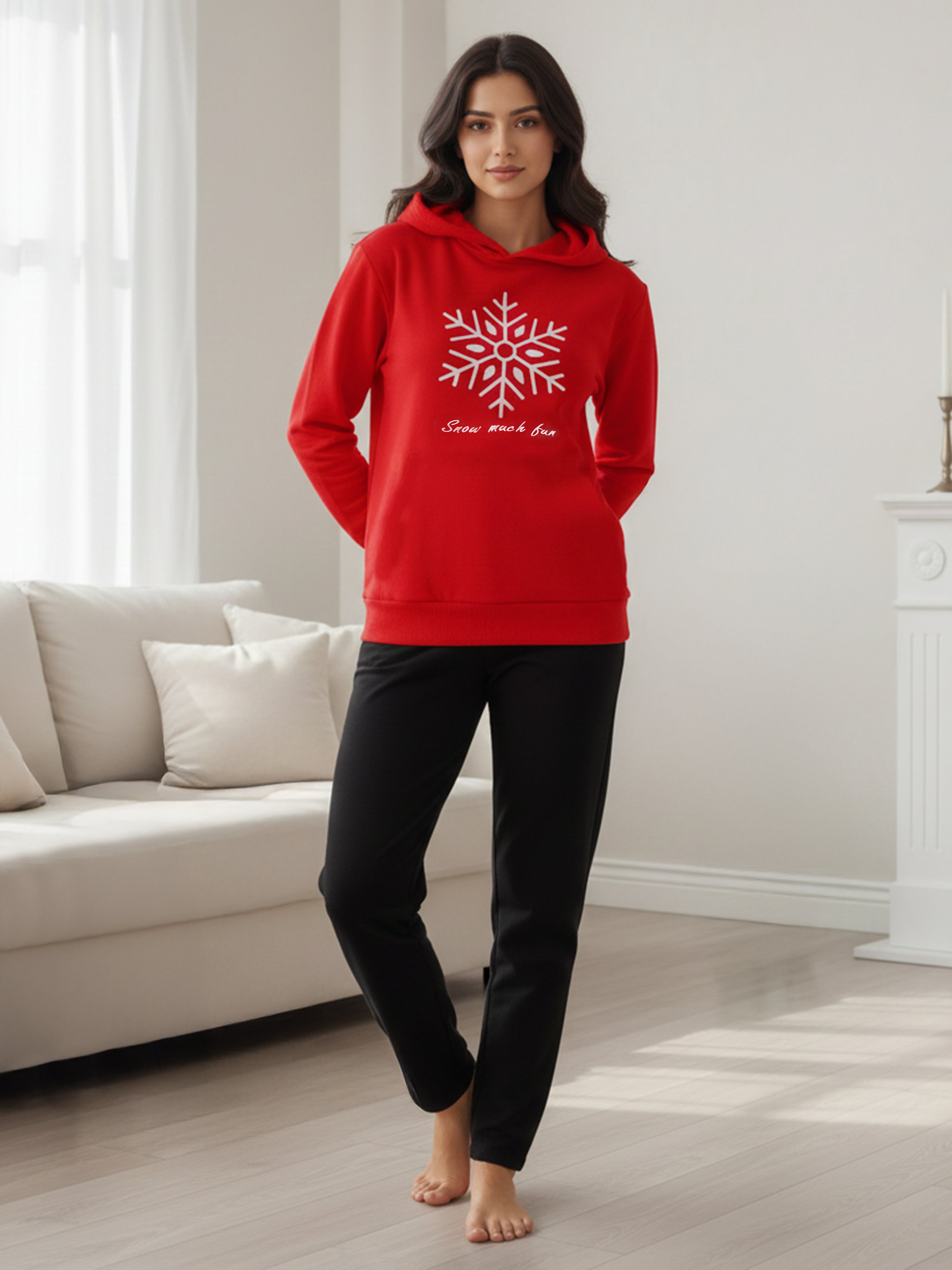 Red Women’s Hooded Sweatshirt with Snowflake Print