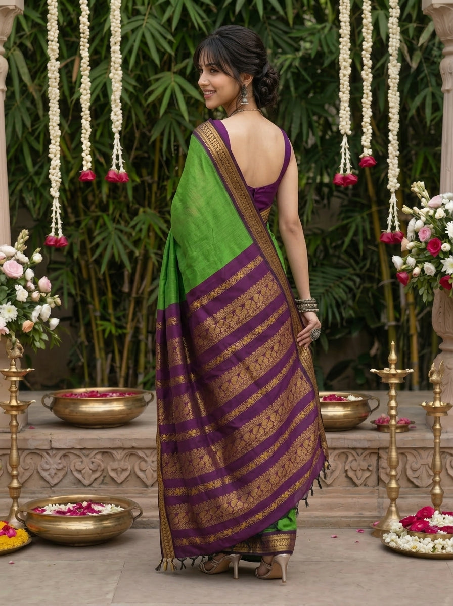 Kalyani Cotton Parrot Green Plain Weave Saree with Purple Zari Border