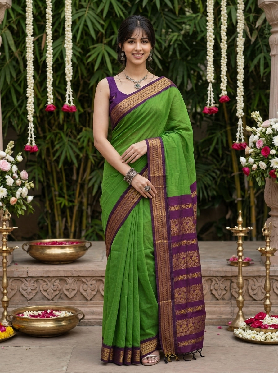 Woman in a green and purple saree standing in an outdoor setting with decorations.