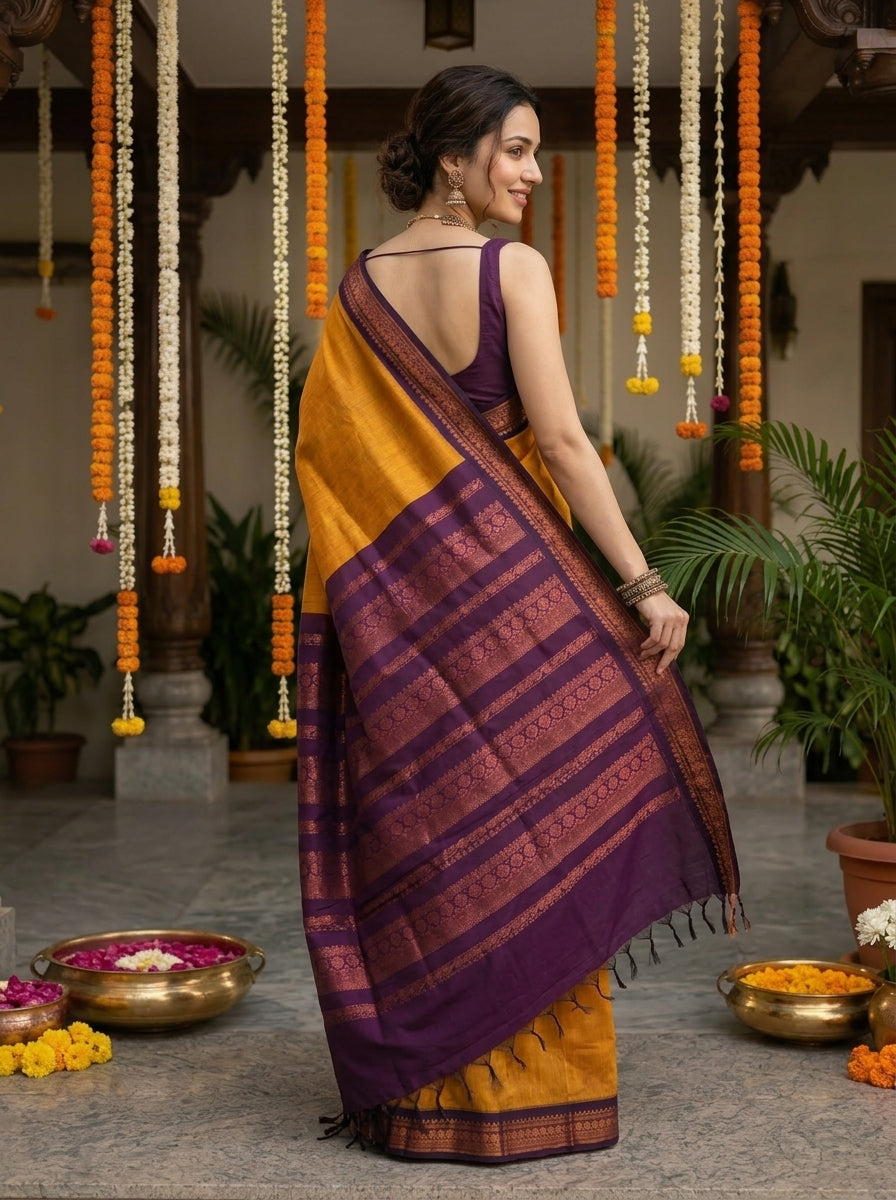 Kalyani Cotton Mustard Yellow Plain Weave Saree with Purple Zari Woven Border