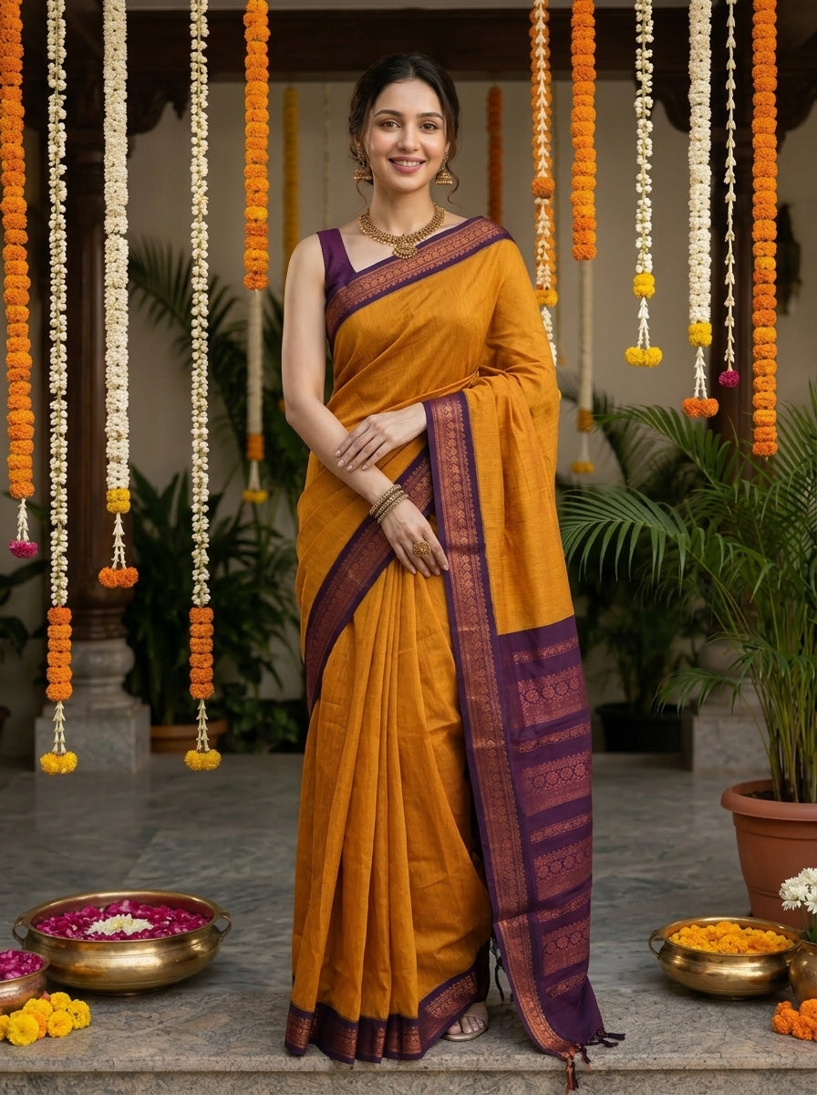 Kalyani Cotton Mustard Yellow Plain Weave Saree with Purple Zari Woven Border