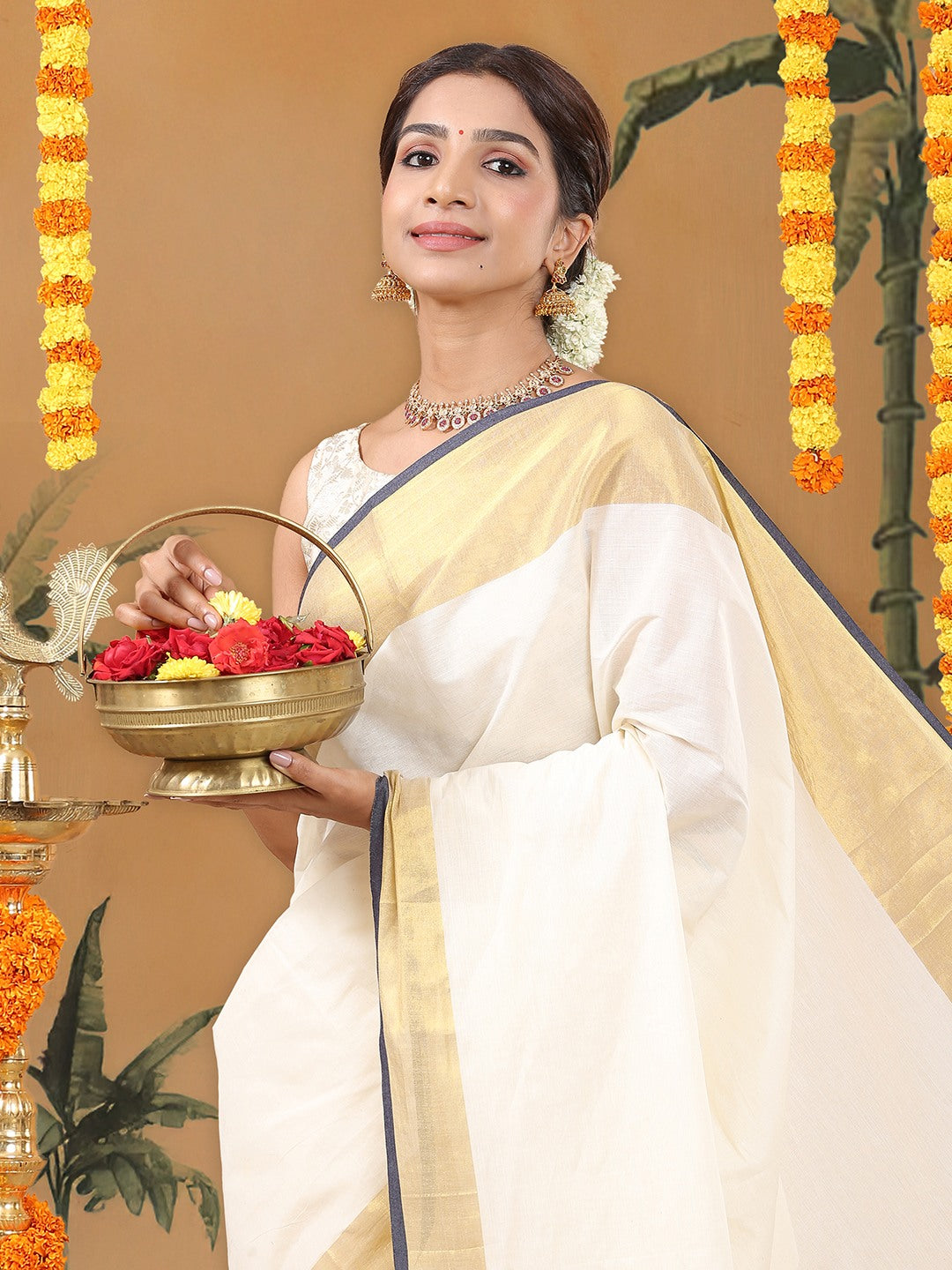 Cotton  Off White Kerala Set Saree with Black Highlights and Dual Kasavu Borders