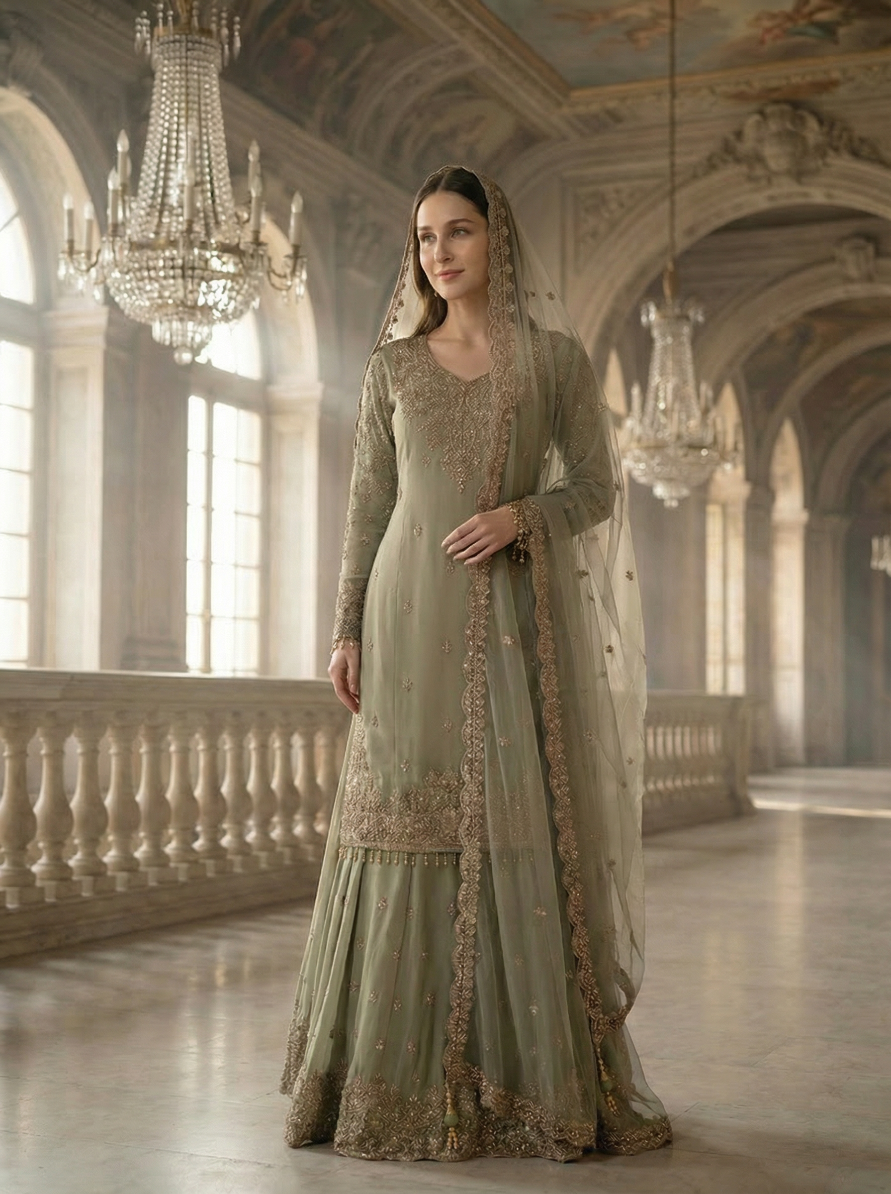 Green Handworked Bead & Sequin Lehenga Set