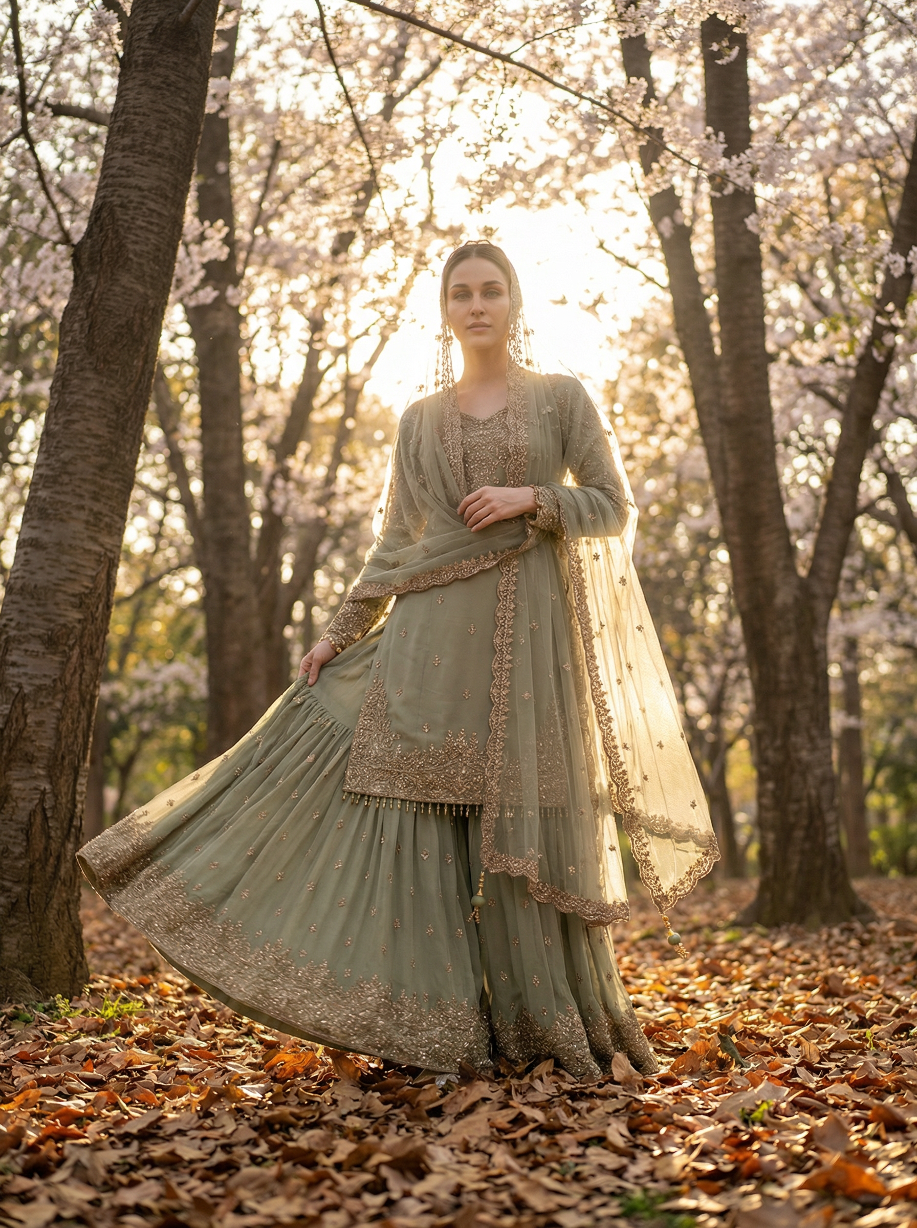 Green Handworked Bead & Sequin Lehenga Set