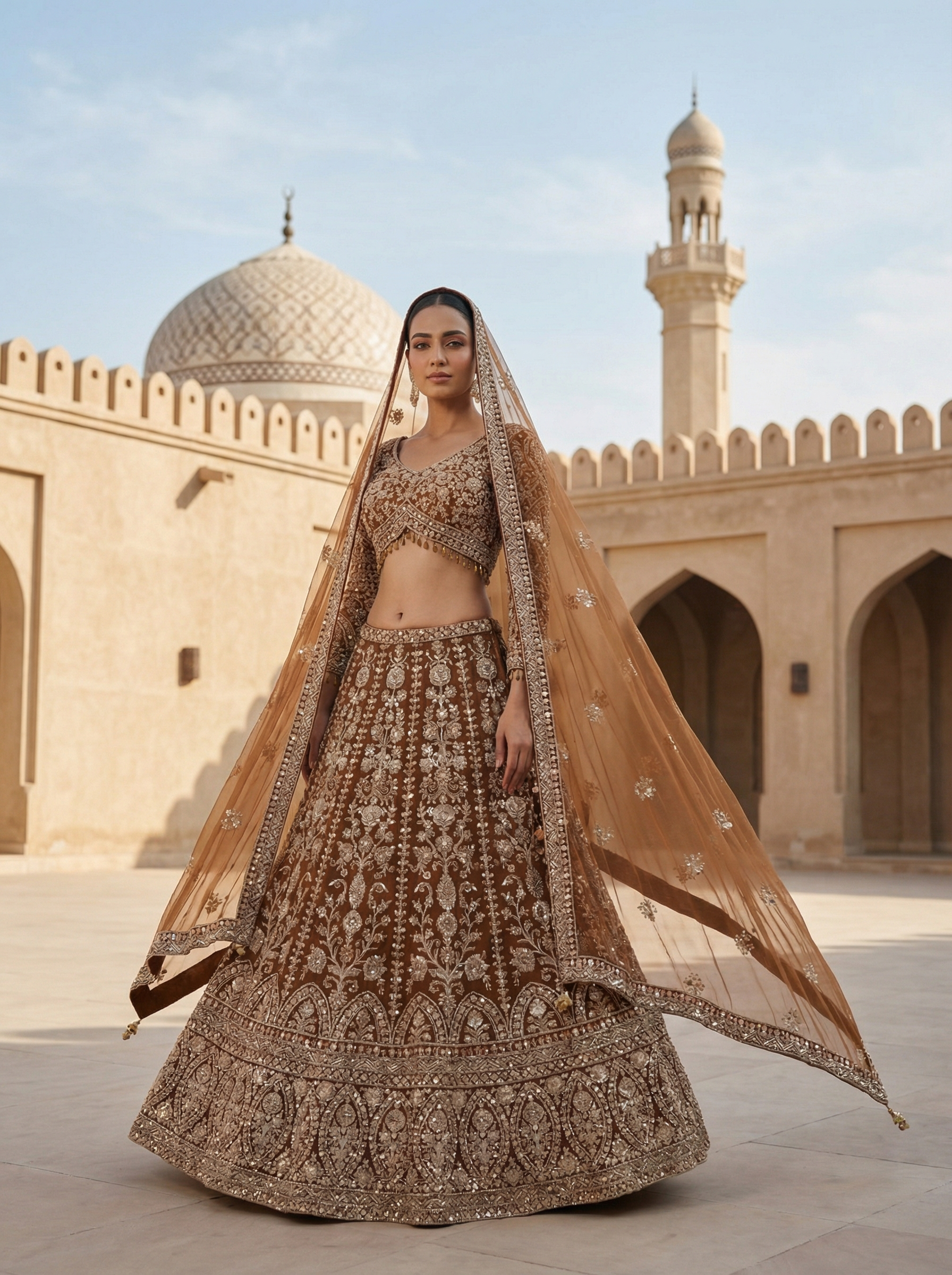 Brown Radiant Hand-Embellished Bead & Sequin Bridal Lehenga