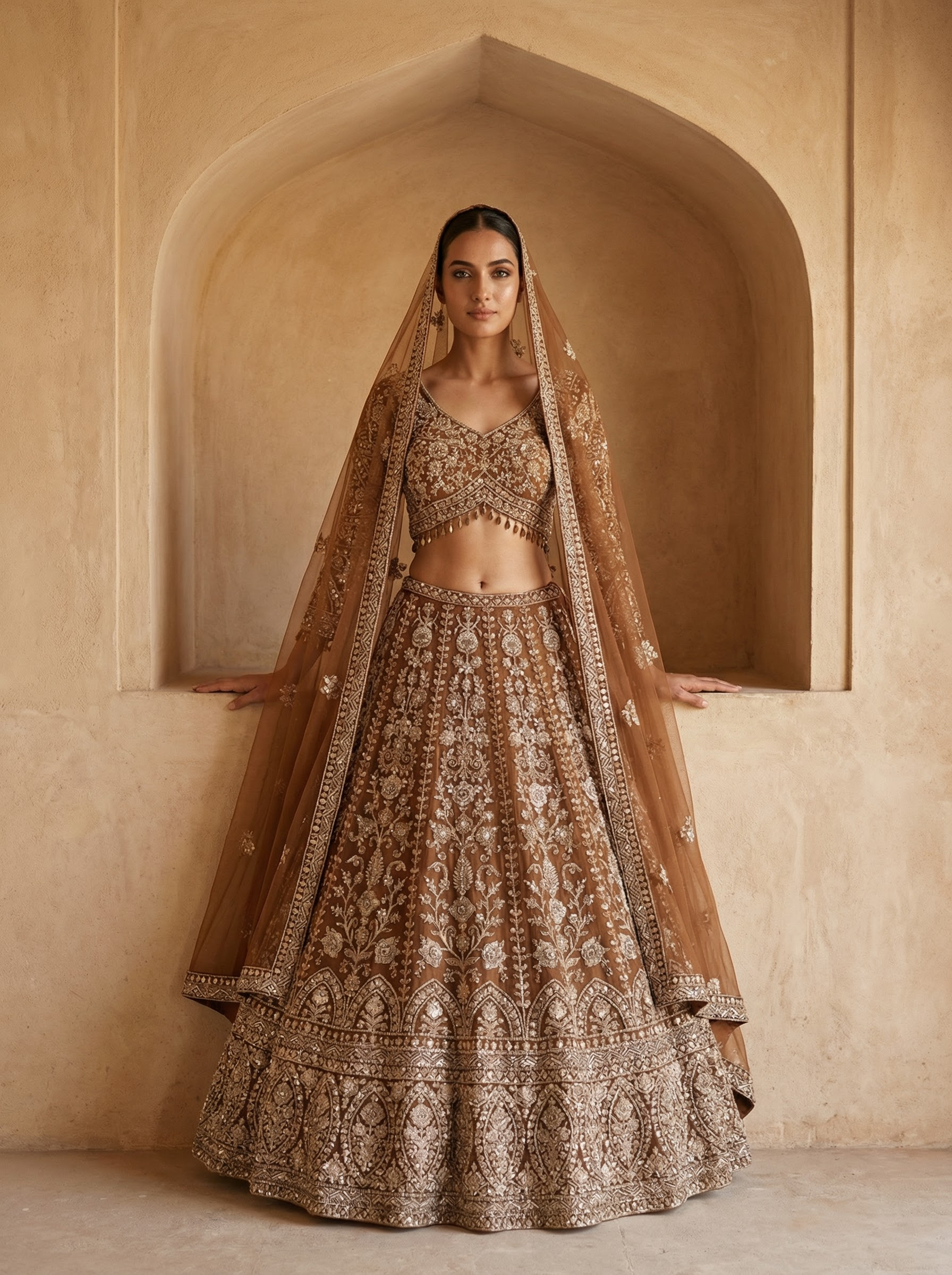 Brown Radiant Hand-Embellished Bead & Sequin Bridal Lehenga