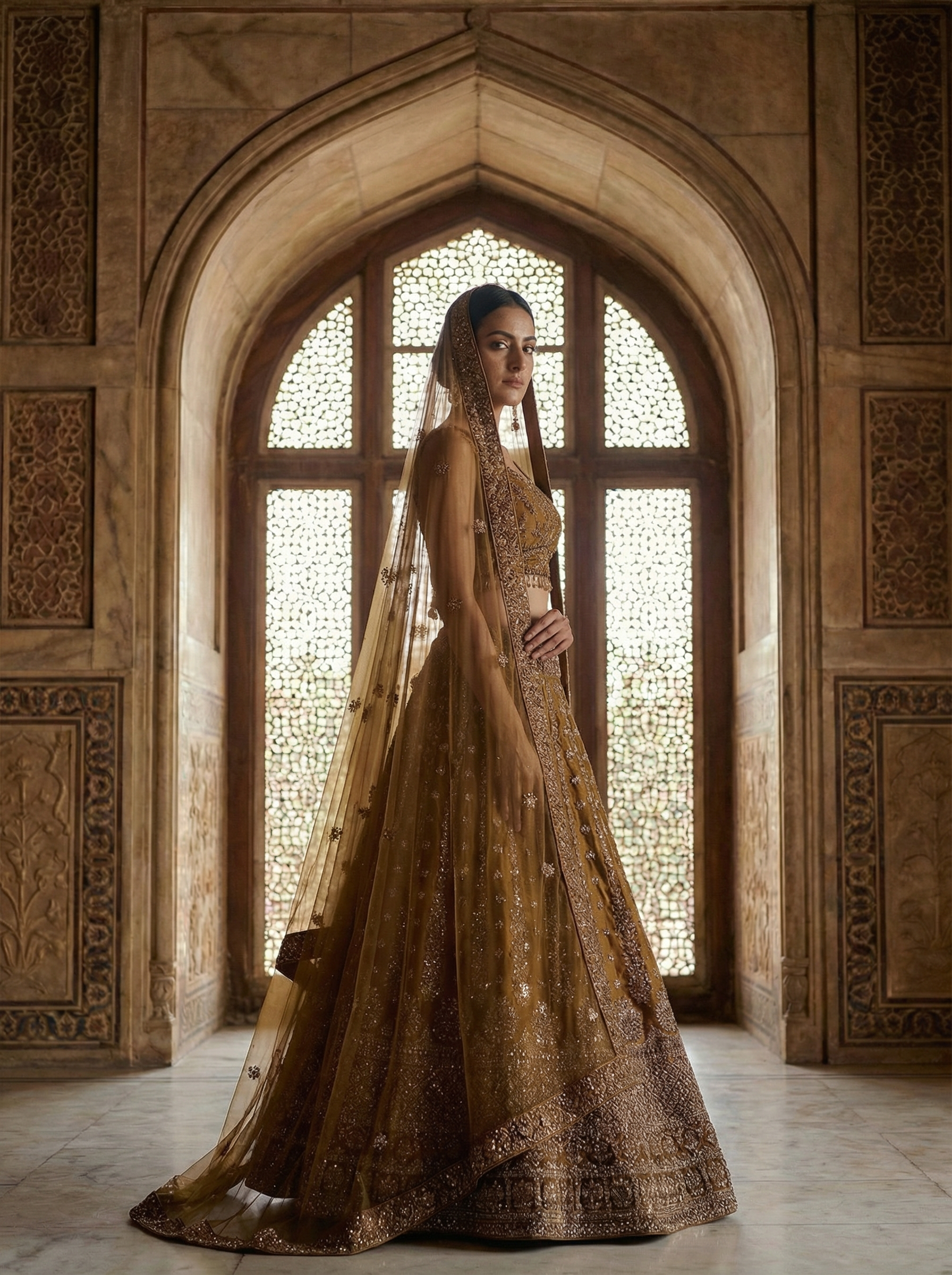 Premium Bead & Sequin Work Bridal Bronze Net Lehenga Set