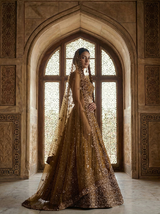 Premium Bead & Sequin Work Bridal Bronze Net Lehenga Set