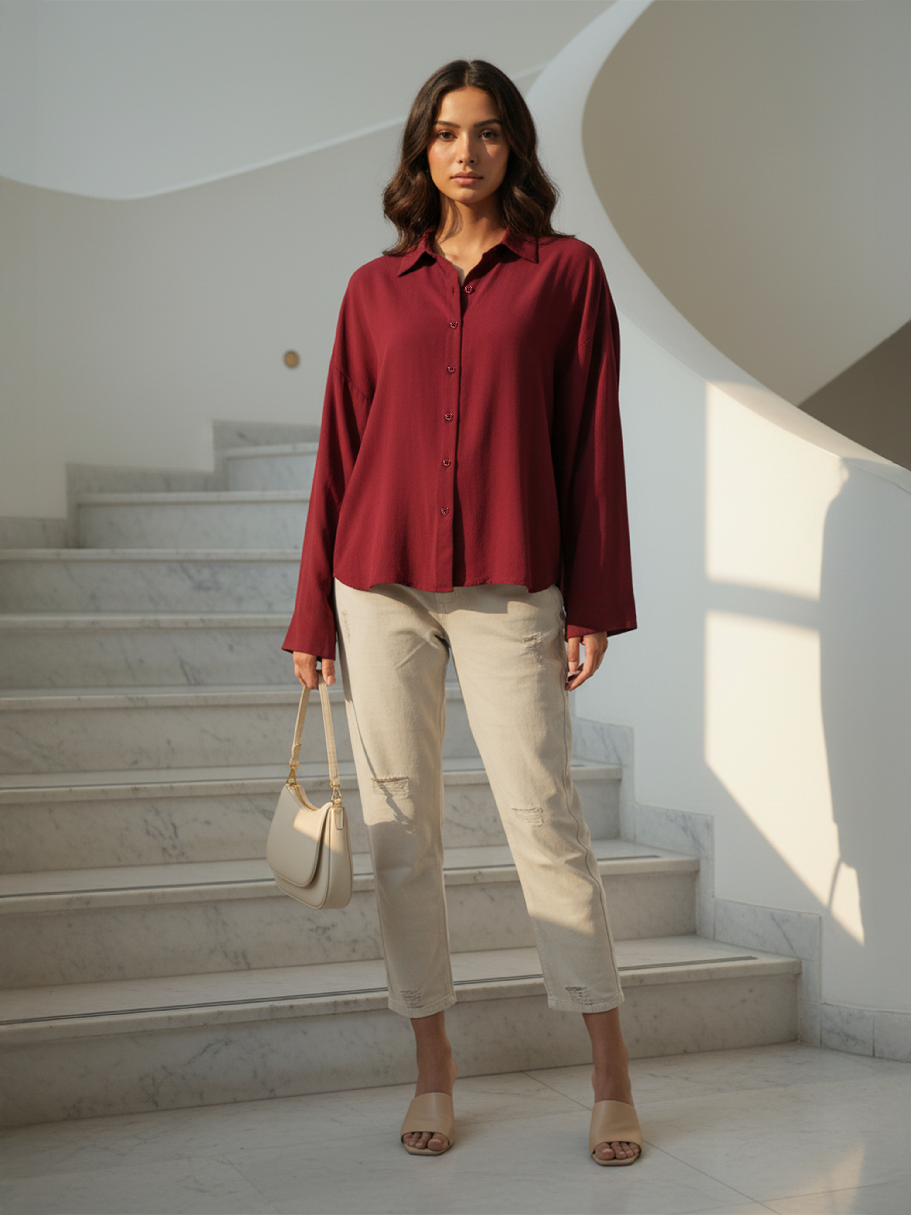 Maroon Rayon Crepe Plain Formal Shirt For Women