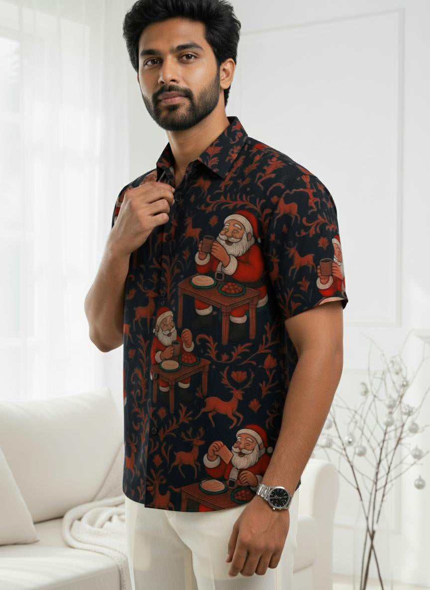 Festive Santa Print Short Sleeve Shirt