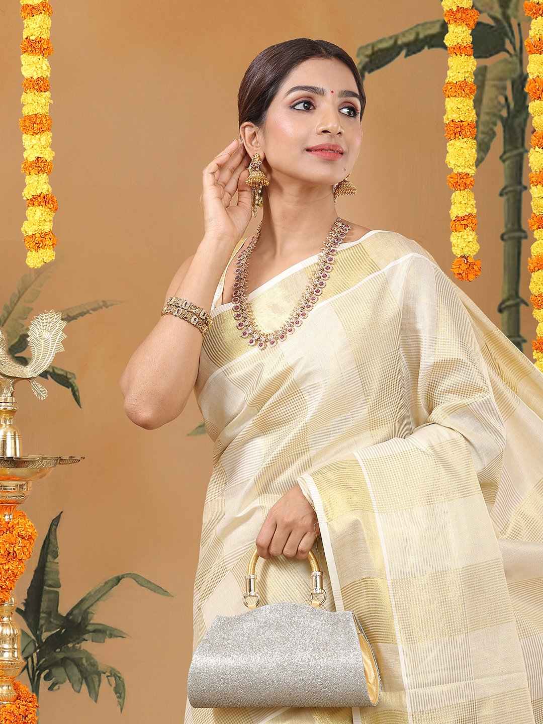 Kalyan Silks Golden Tissue Set Saree with Ash Kasavu Pallu & Alternating Stripes & Checks