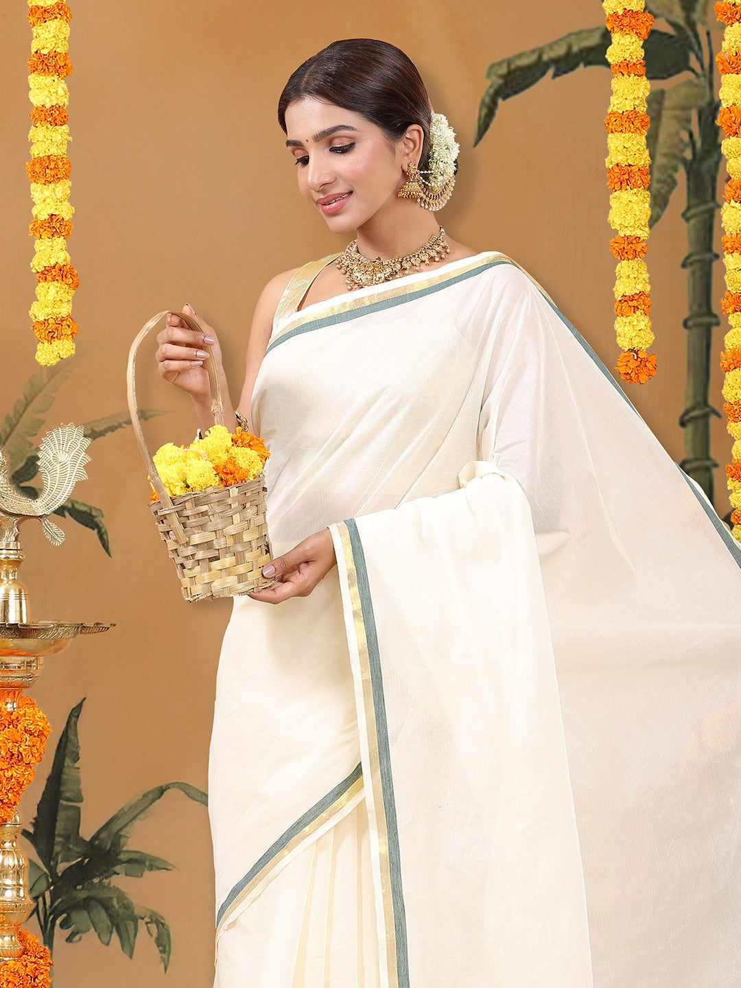 Kalyan Silks Classic Off-White Cotton Set Saree with Bottle Green & Golden Border Work