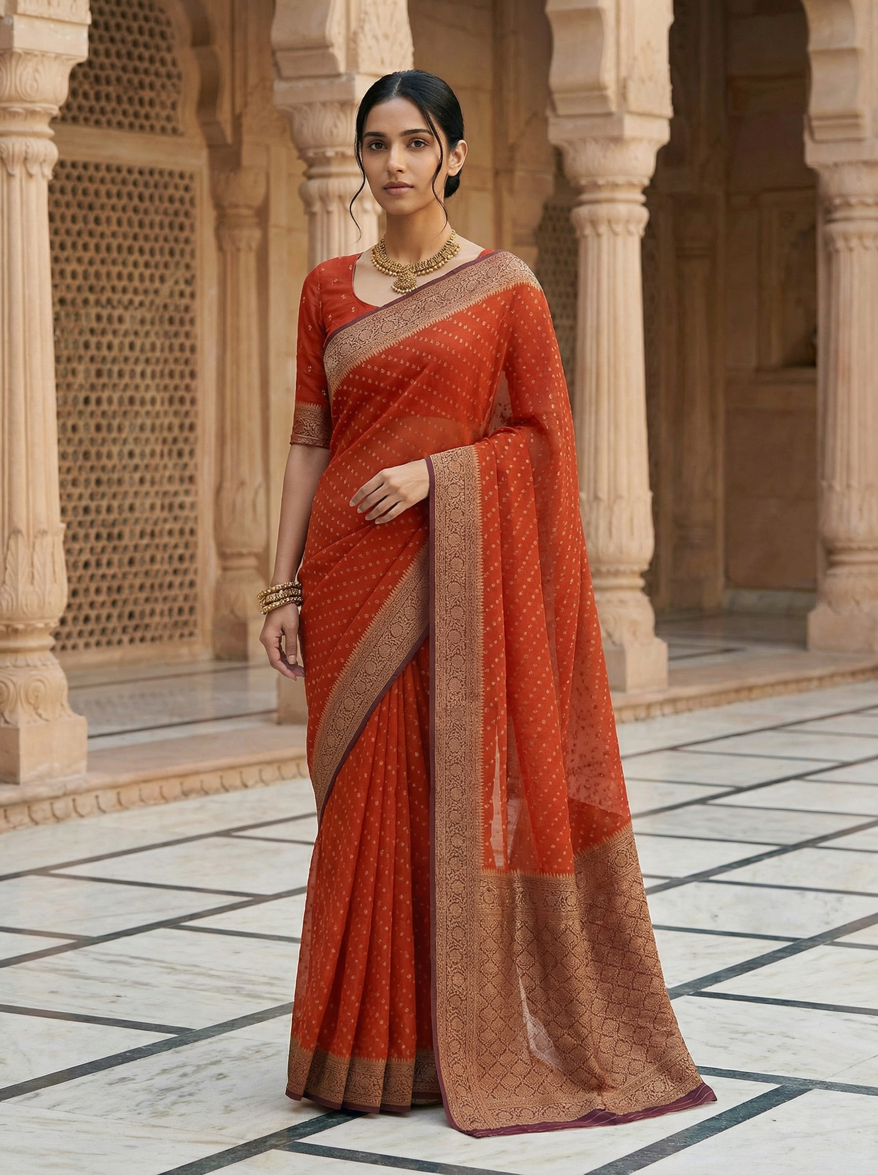 Georgette Banarasi  Burnt Orange Gold Butti Saree