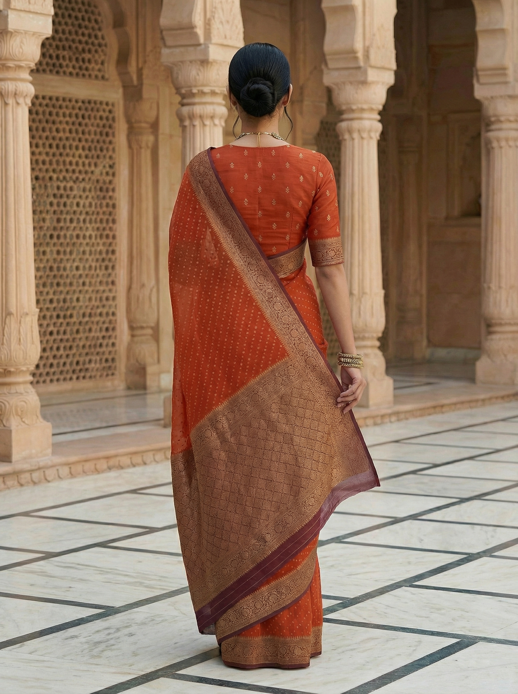 Georgette Banarasi  Burnt Orange Gold Butti Saree