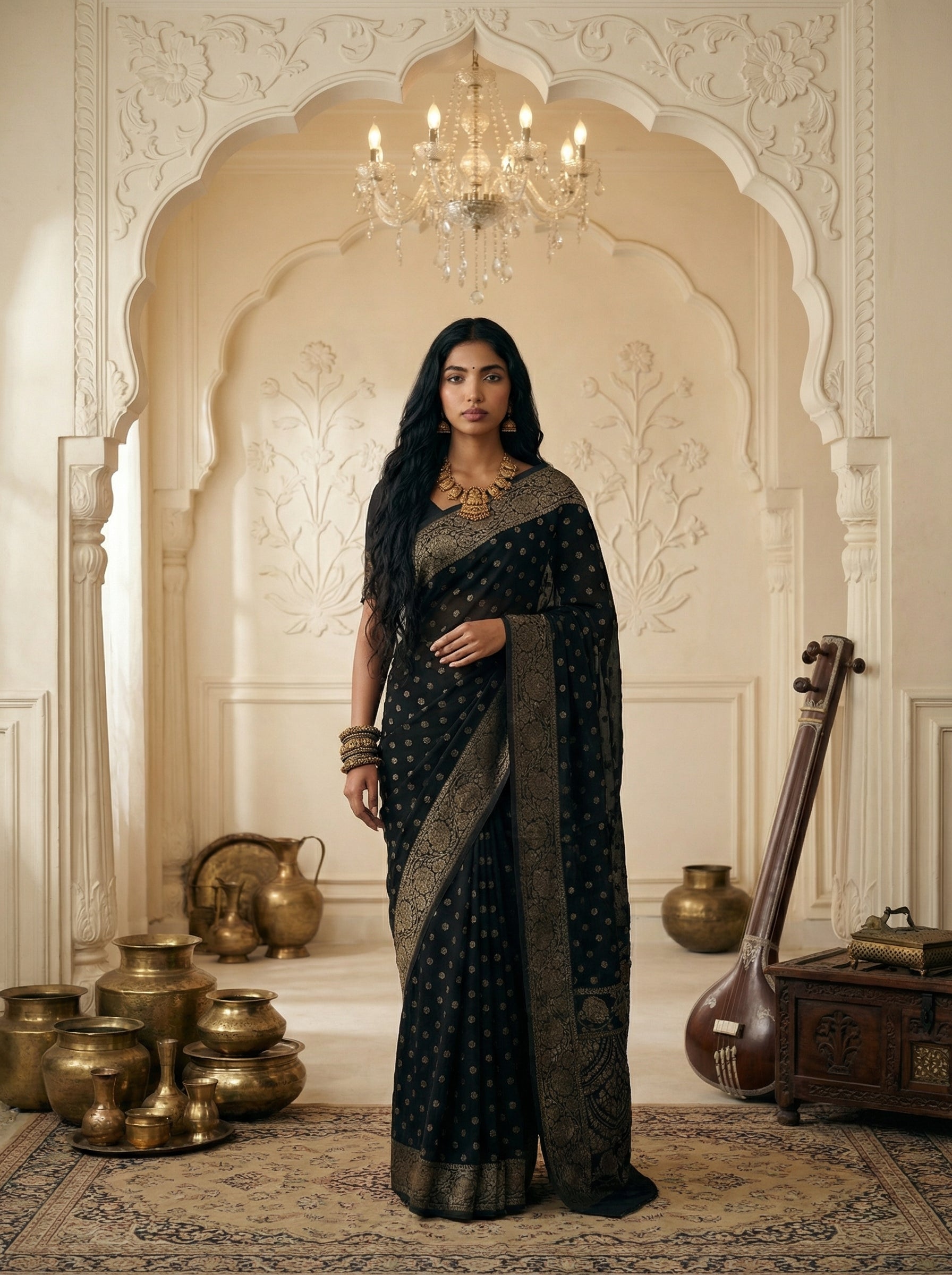 Georgette Banarasi  Raven Black Silver Butti Saree