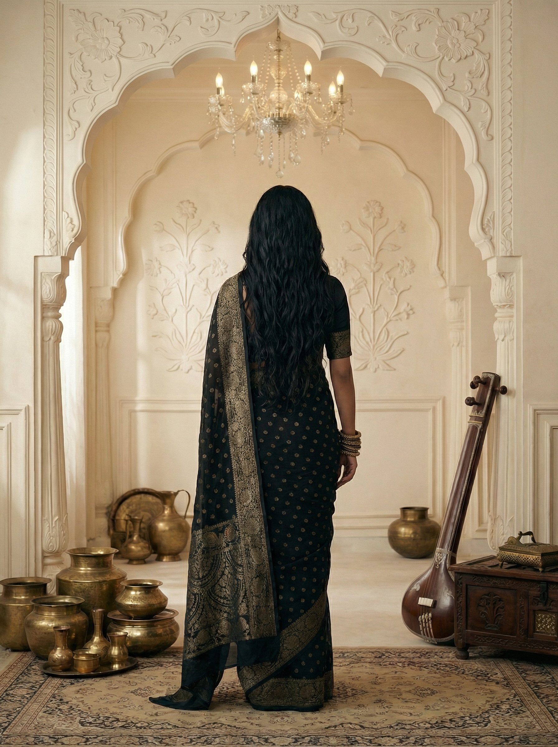 Georgette Banarasi  Raven Black Silver Butti Saree