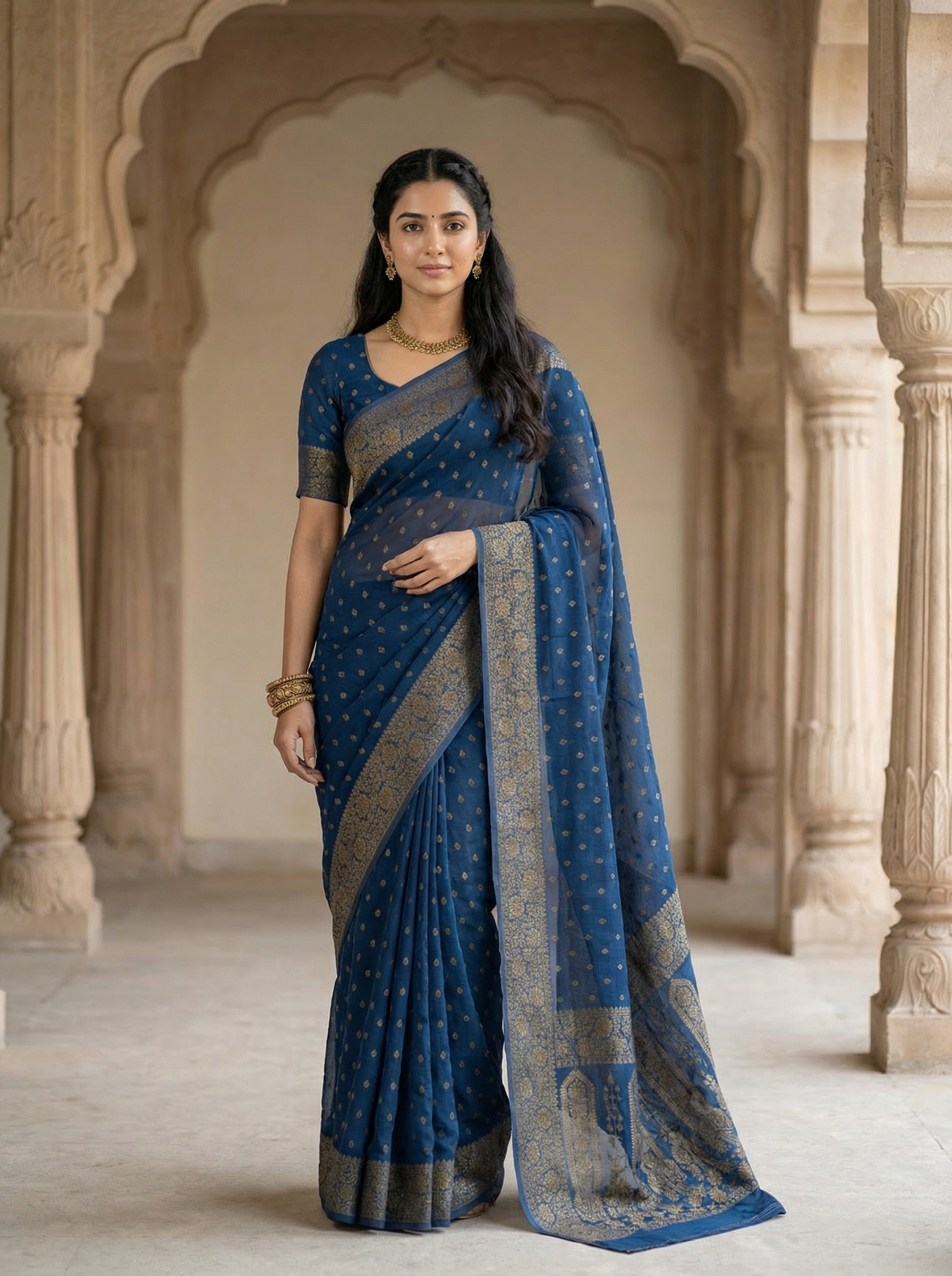 Georgette Banarasi  Prussian Blue Gold Butti Saree