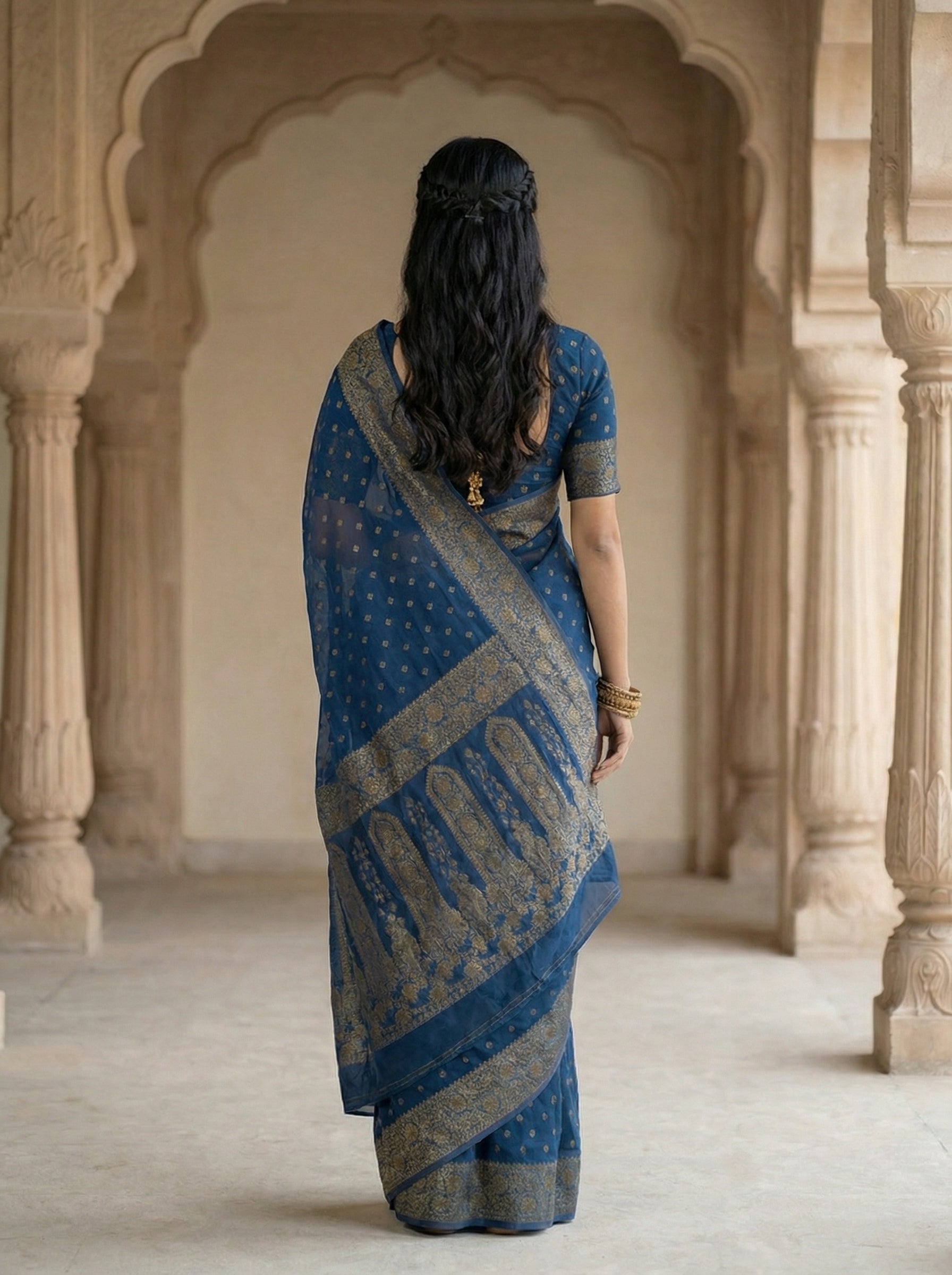 Georgette Banarasi  Prussian Blue Gold Butti Saree