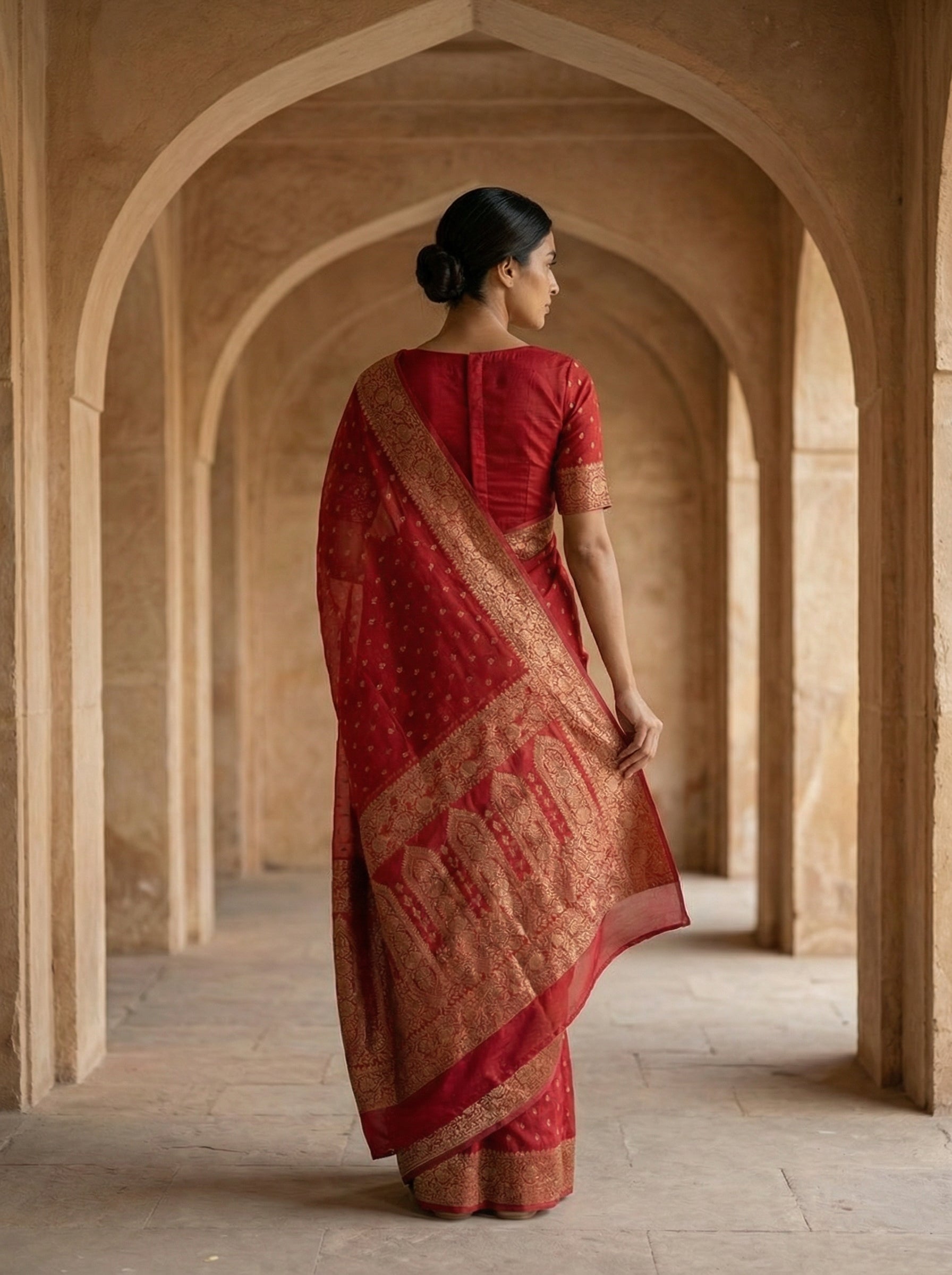 Georgette Banarasi  Chili Red Traditional Butta Saree