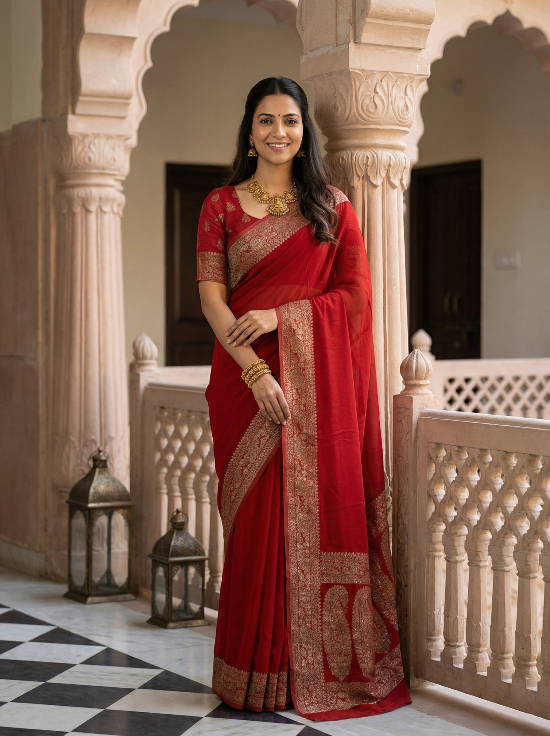 Georgette Banarasi  Ember Red Classic Zari Saree