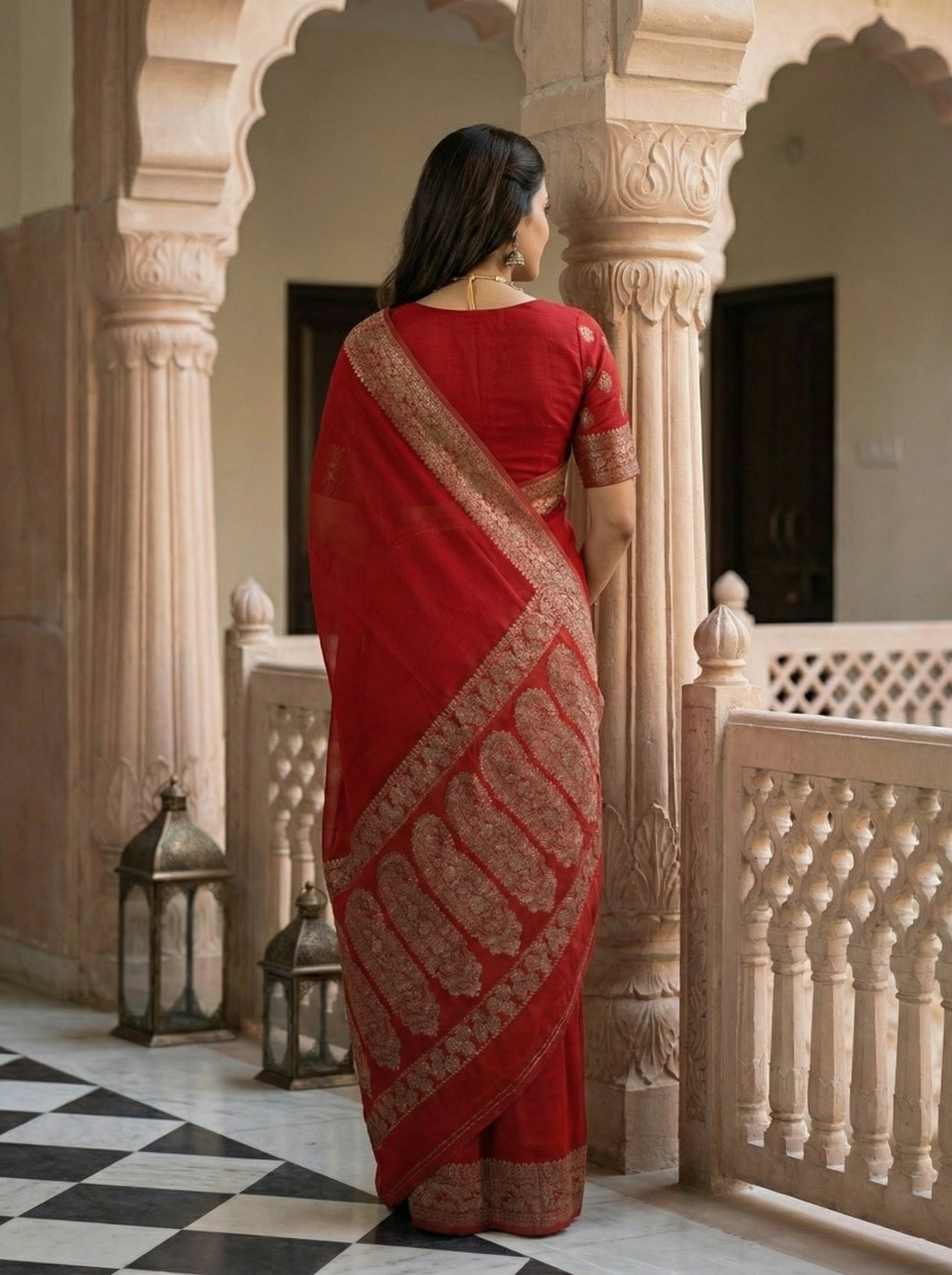 Georgette Banarasi  Ember Red Classic Zari Saree