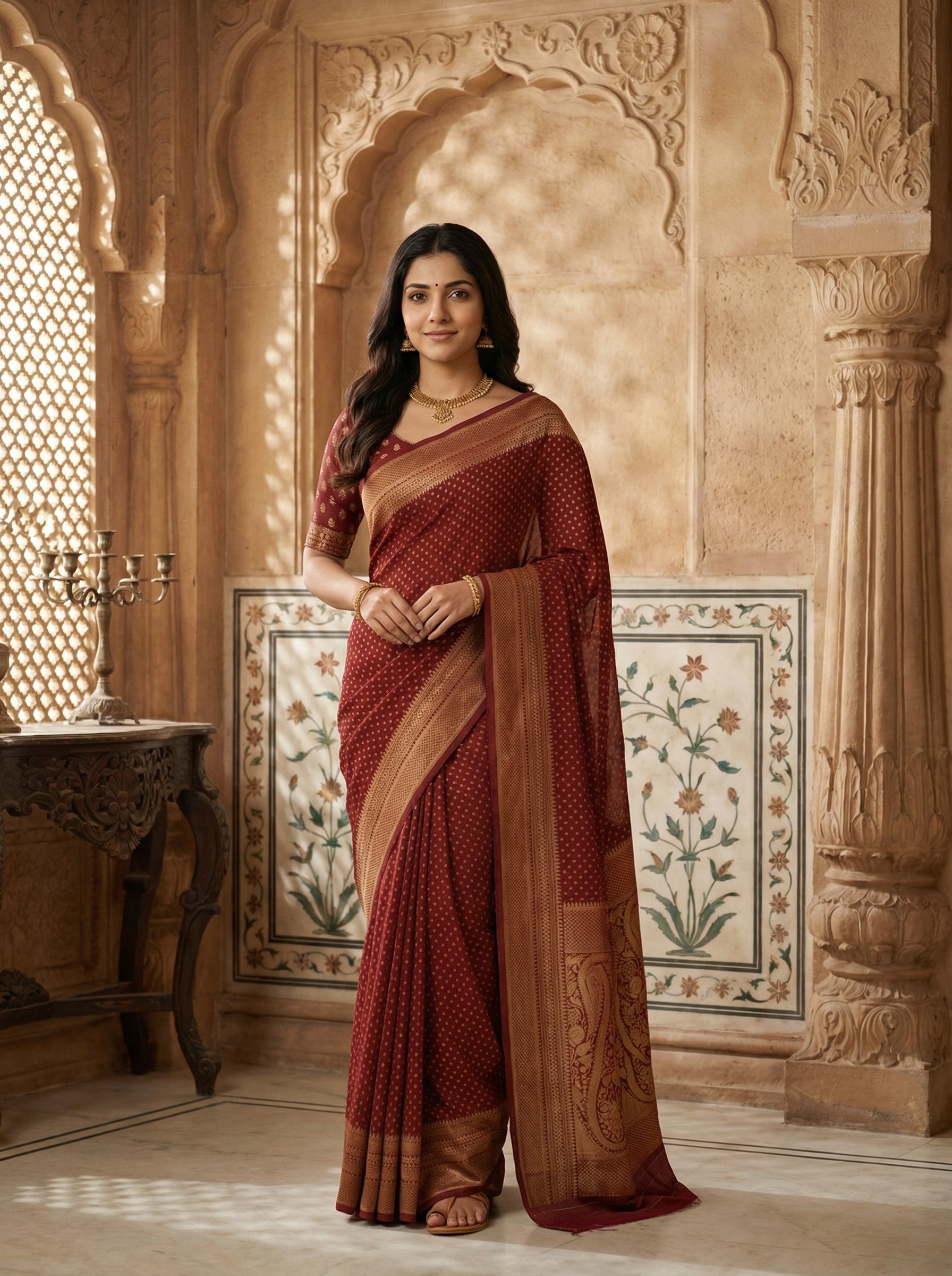 Georgette Banarasi Dark Maroon Rich Zari Border Saree