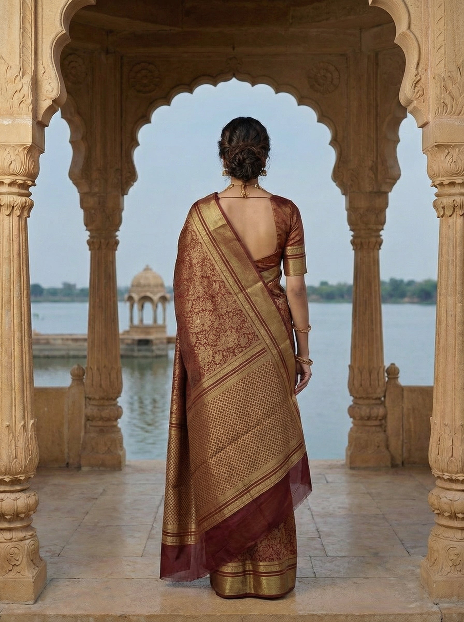 Georgette Banarasi Dark Meroon Traditional Zari Brocade Saree