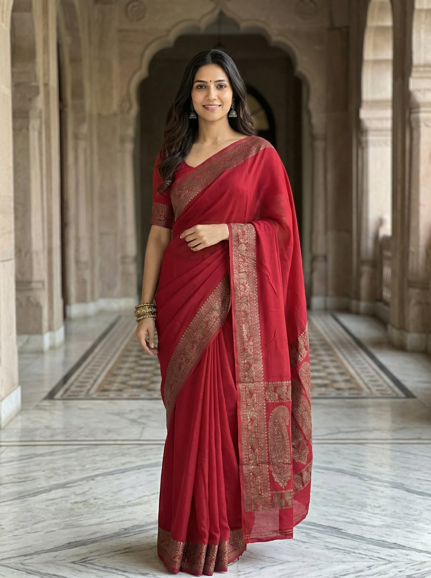 Georgette Banarasi Deep Red Brocade Zari Saree