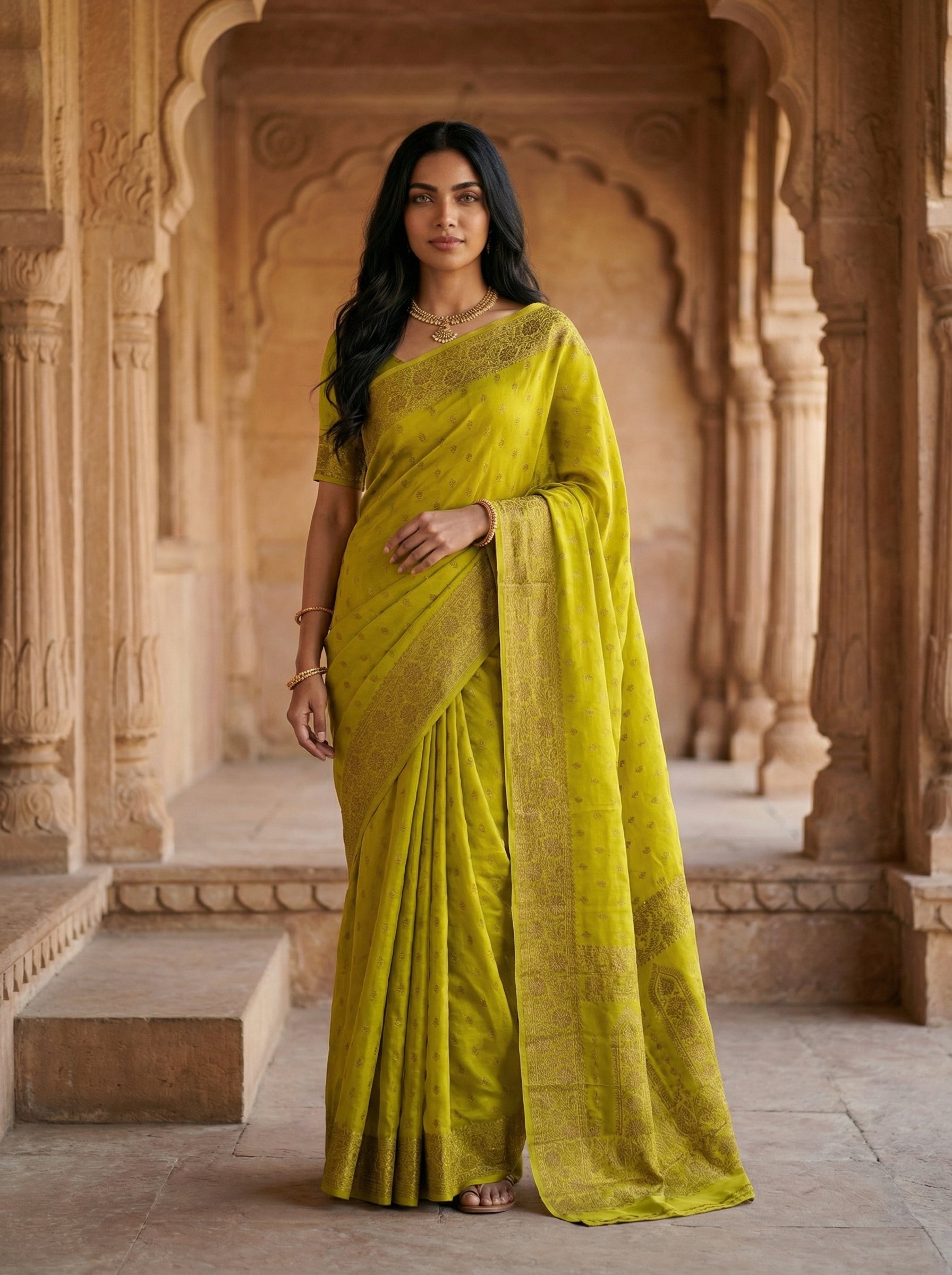 Georgette Banarasi Mehendi Green Gold Zari Butta Saree