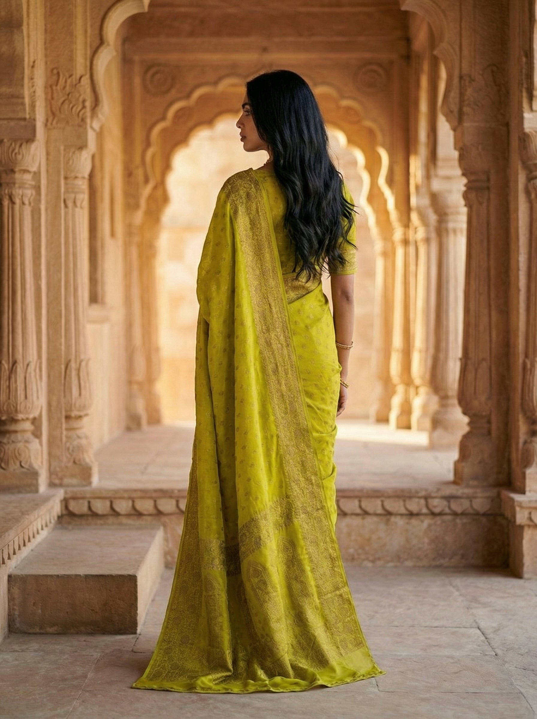 Georgette Banarasi Mehendi Green Gold Zari Butta Saree