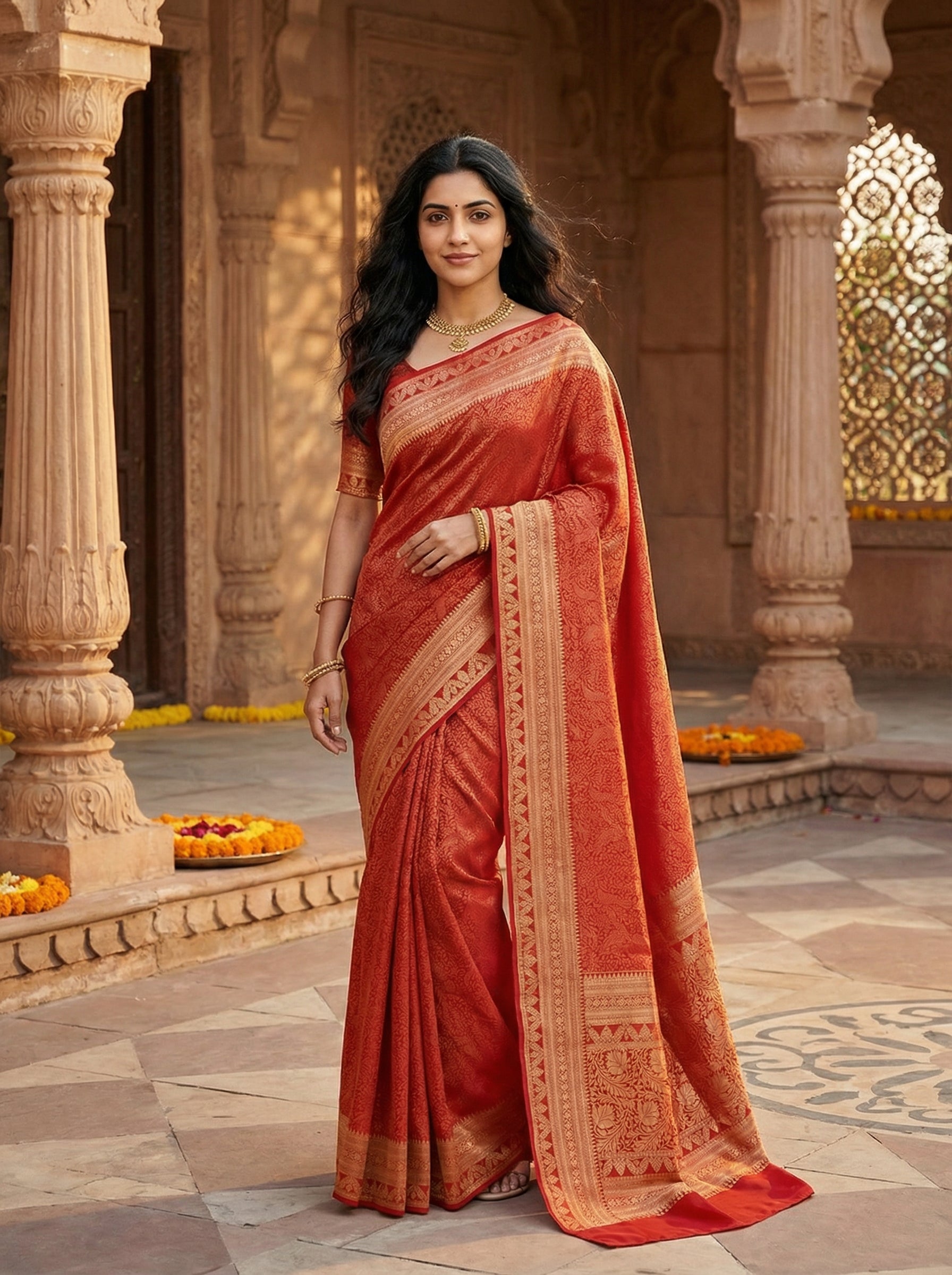 Georgette Banarasi Vermilion Red Traditional Zari Weaving Saree
