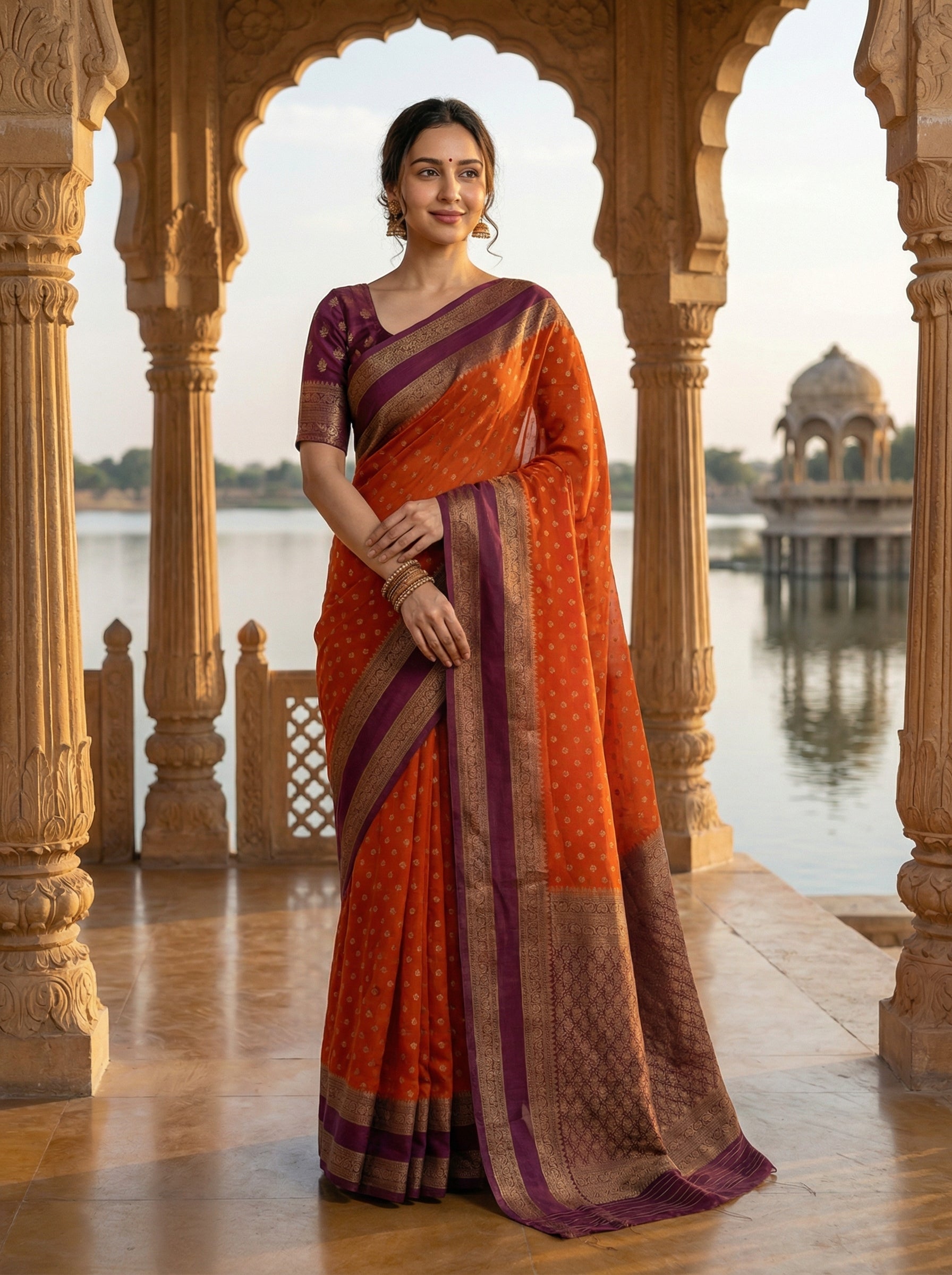 Georgette Banarasi Orange Gold Butti Design Zari Border Saree