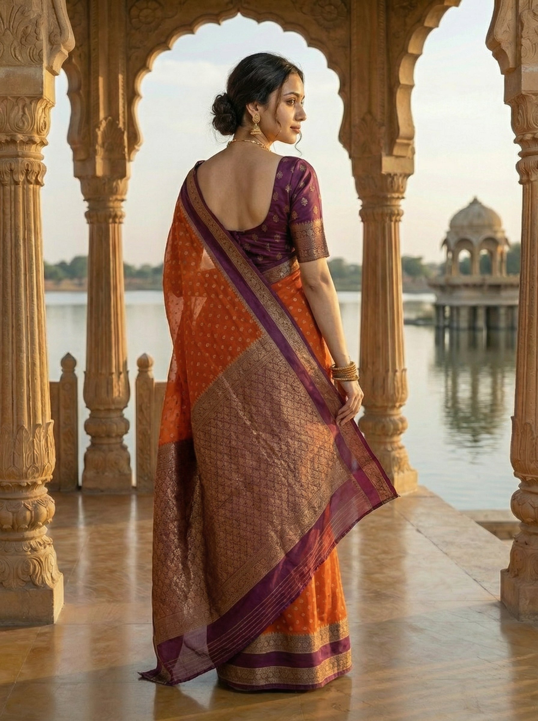 Georgette Banarasi Orange Gold Butti Design Zari Border Saree