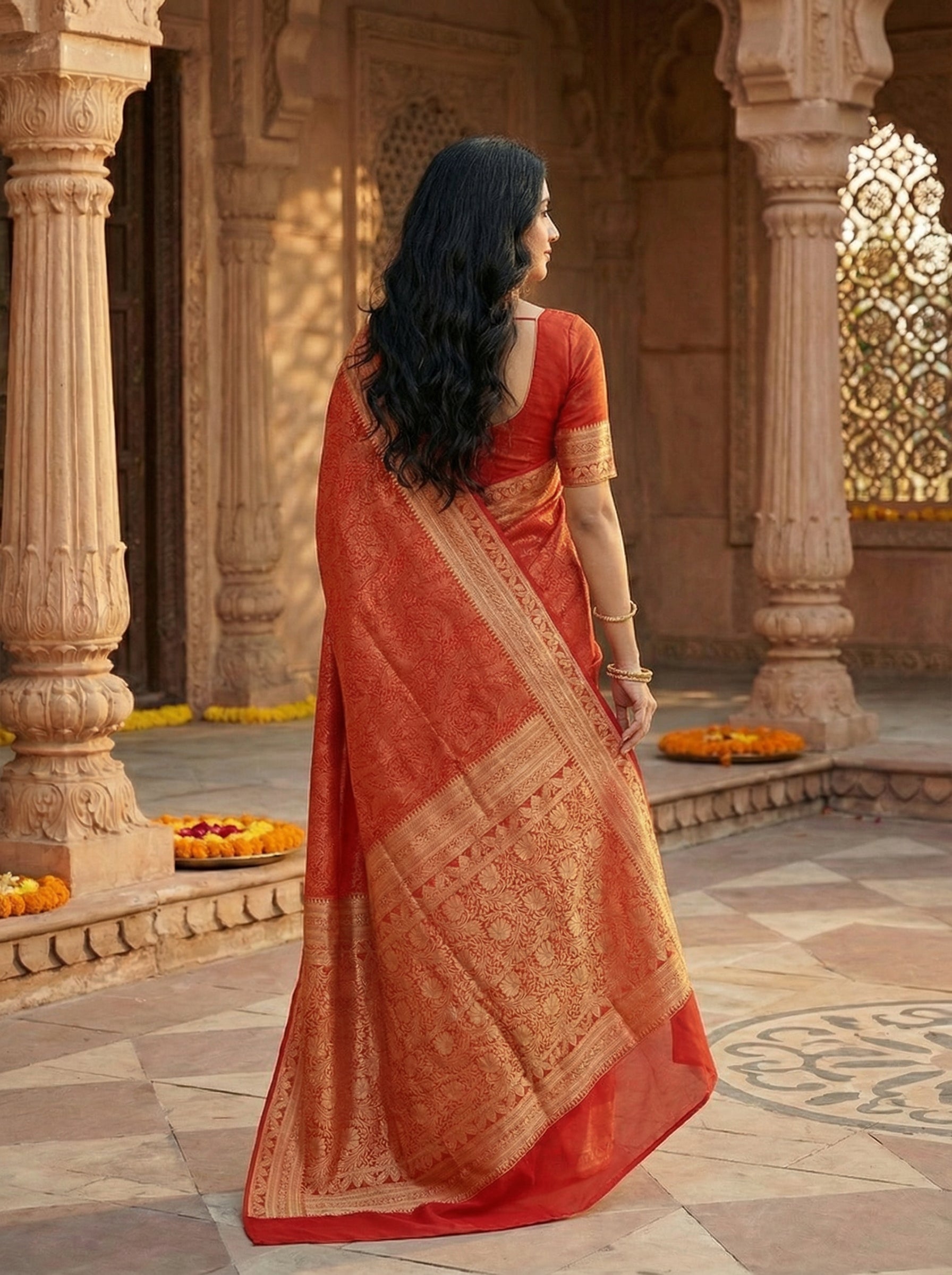 Georgette Banarasi Vermilion Red Traditional Zari Weaving Saree